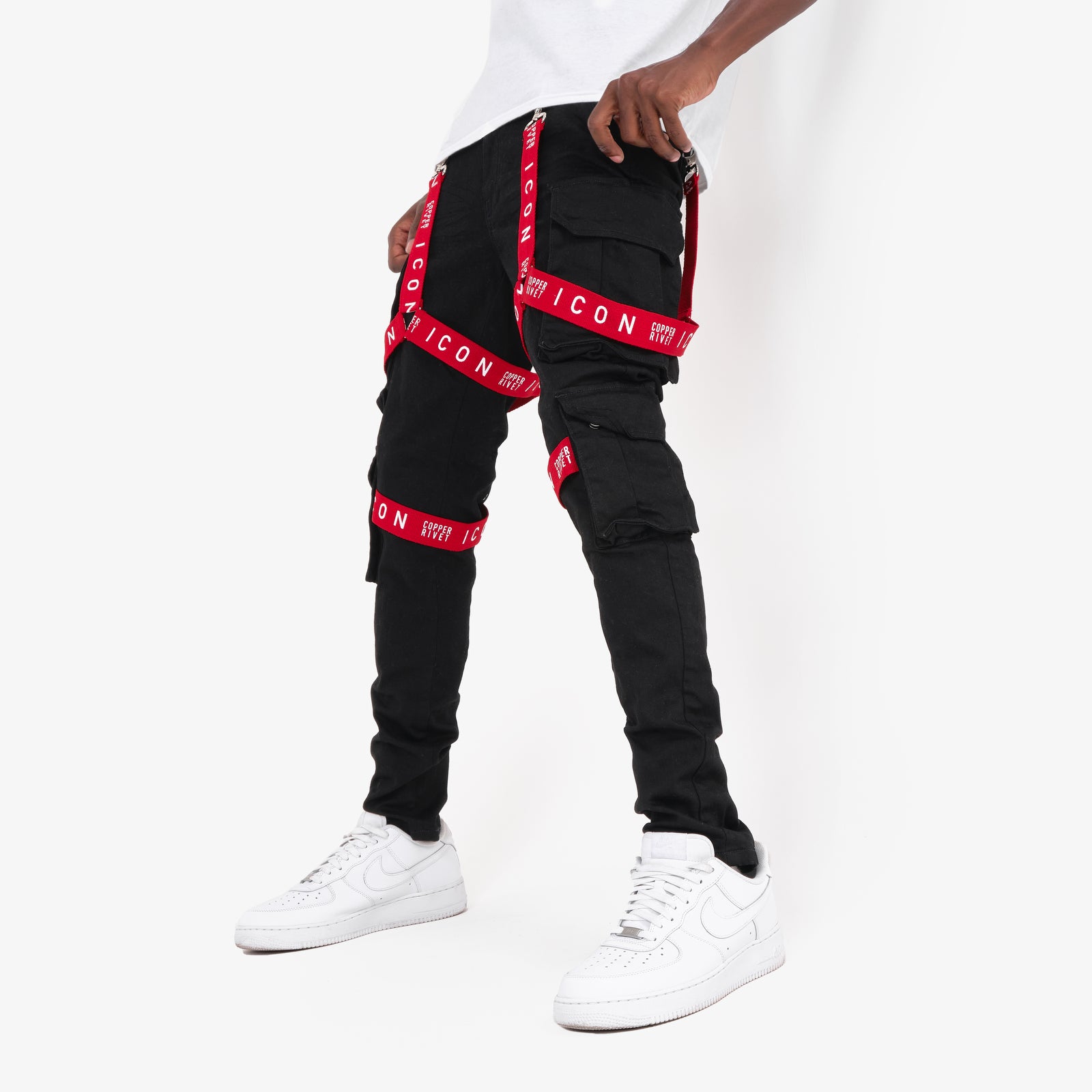 JET BLACK CARGO JEANS W/ STRAP DETAIL