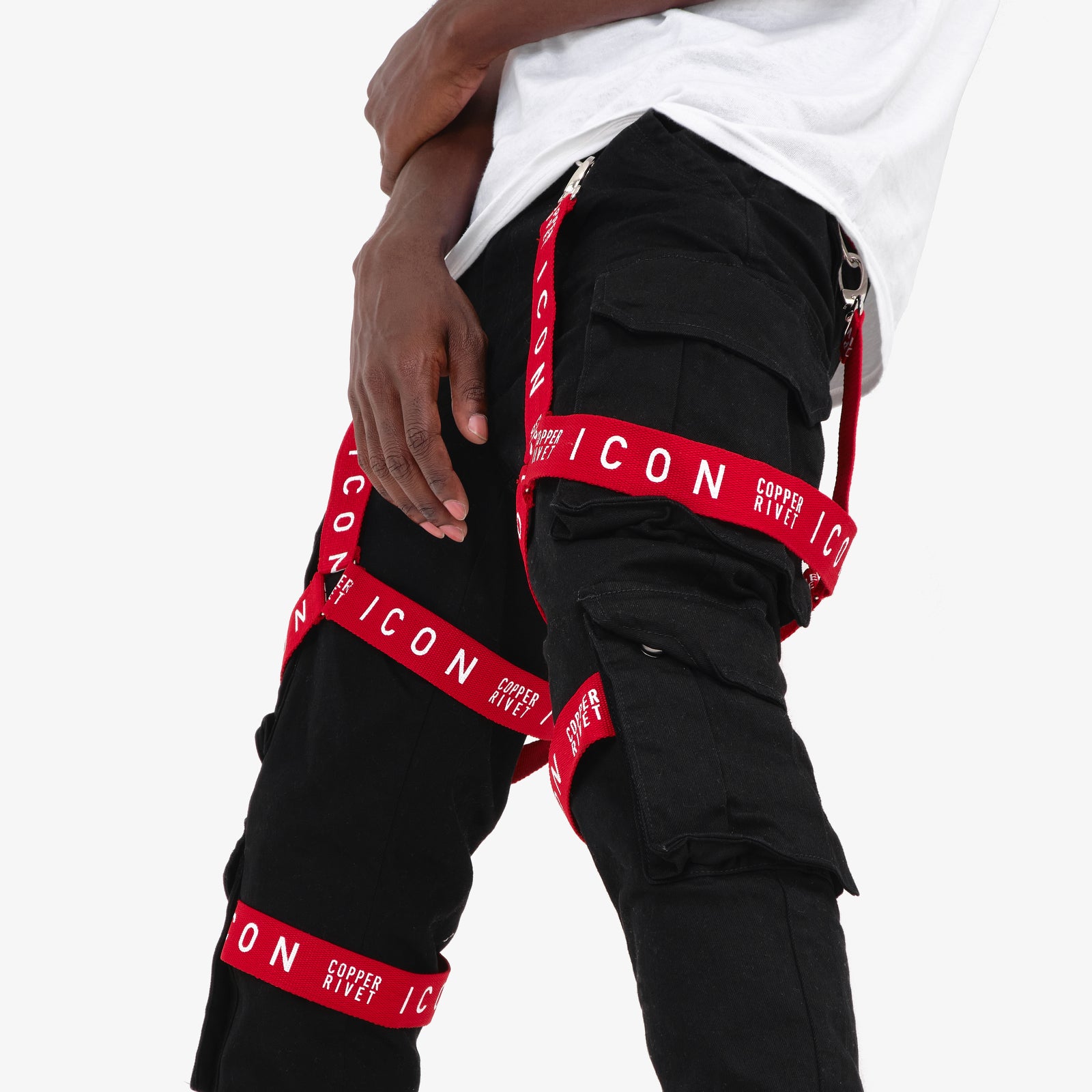 JET BLACK CARGO JEANS W/ STRAP DETAIL