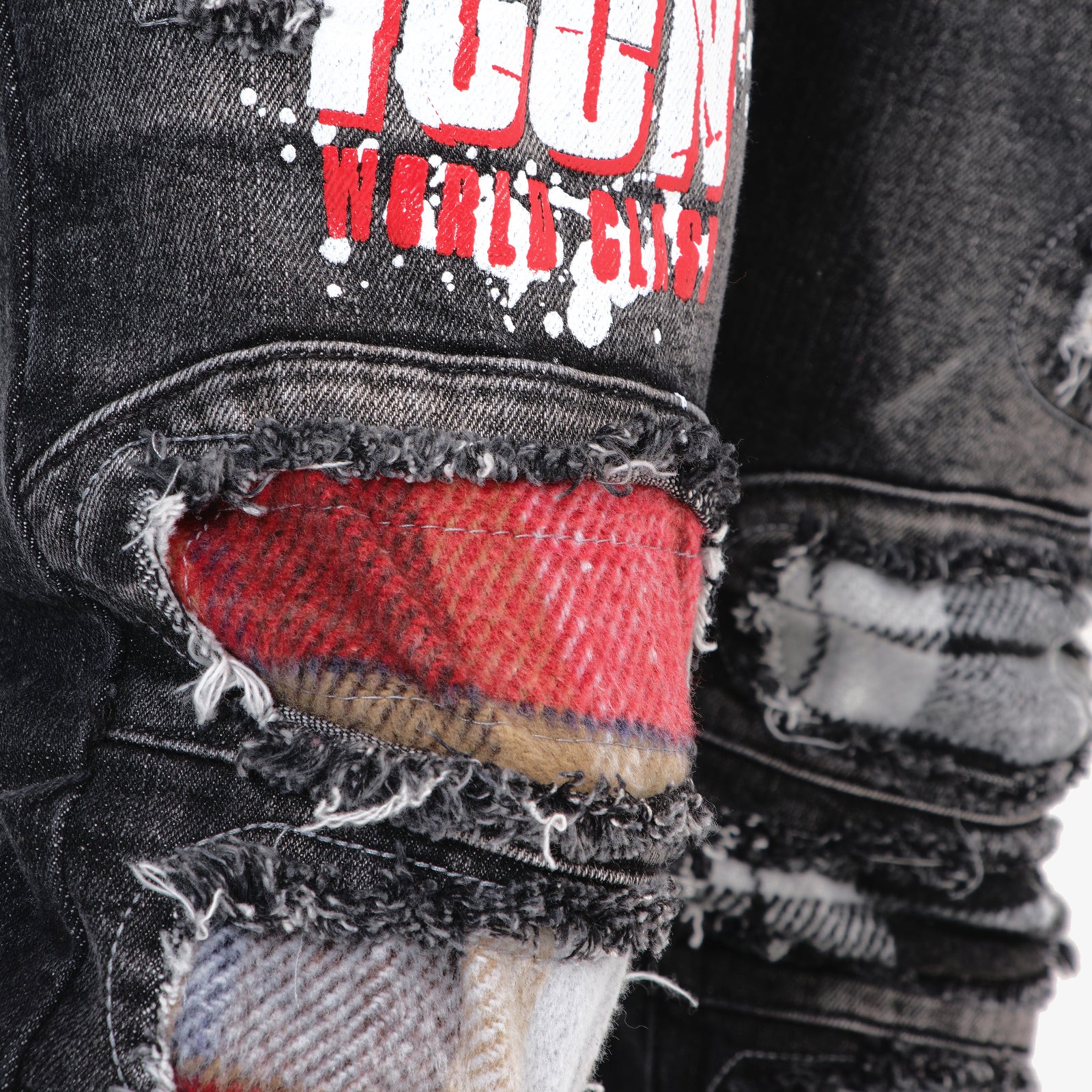 BLACK JEANS W/ PLAID RIP & REPAIR