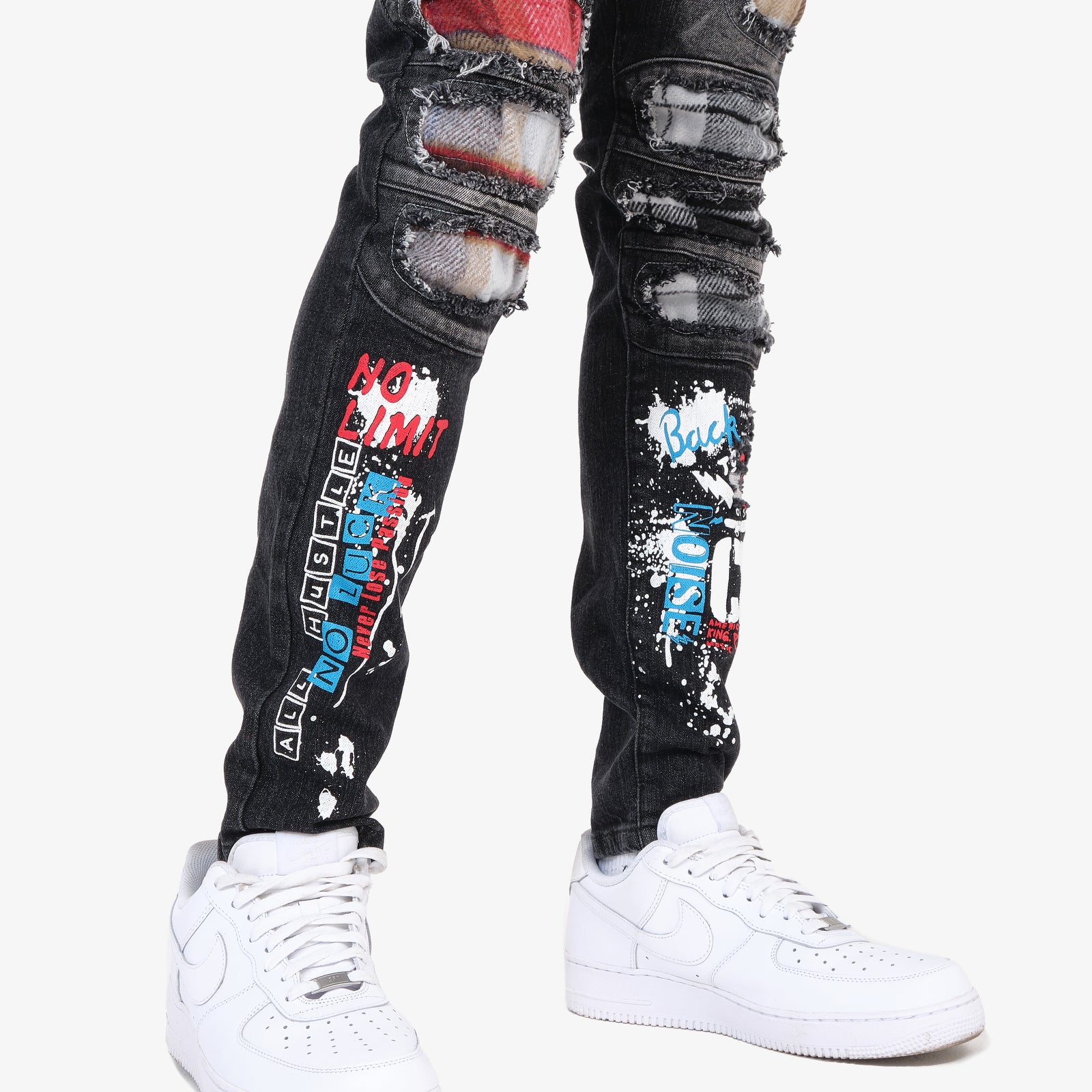 BLACK JEANS W/ PLAID RIP & REPAIR