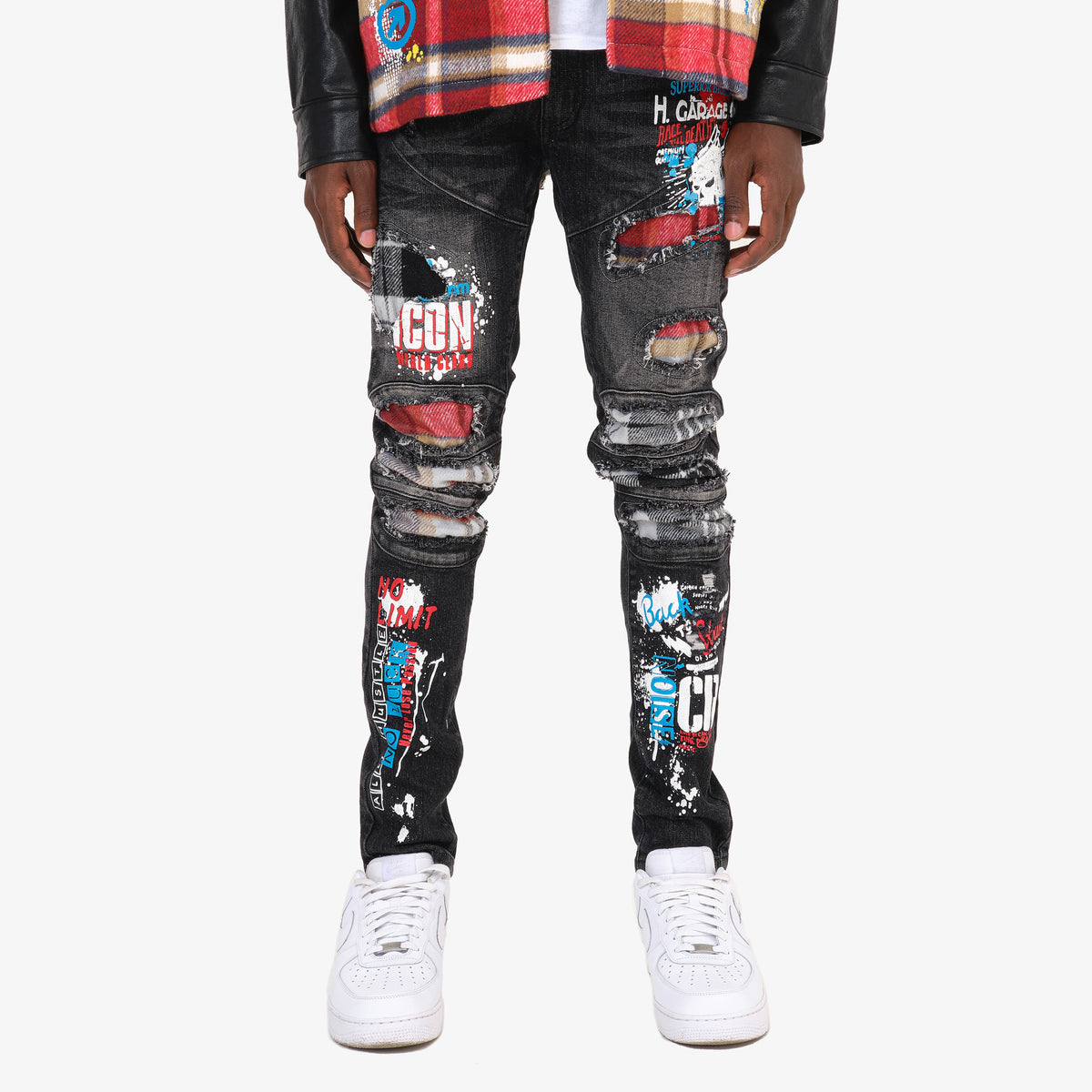 BLACK JEANS W/ PLAID RIP & REPAIR