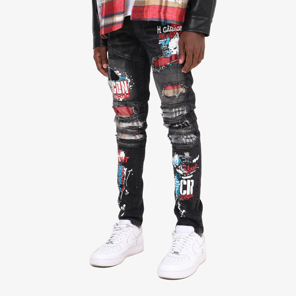 BLACK JEANS W/ PLAID RIP & REPAIR