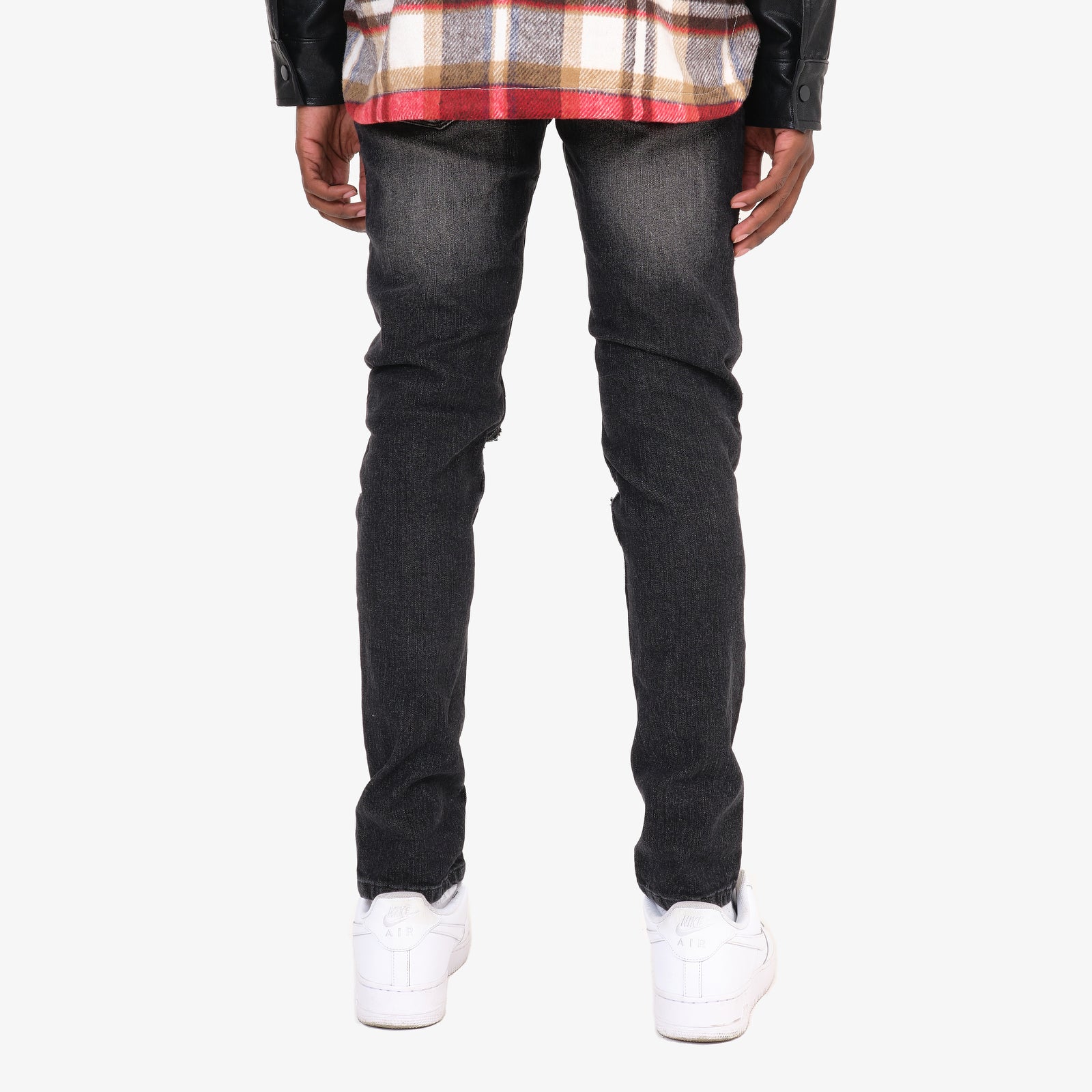 BLACK JEANS W/ PLAID RIP & REPAIR