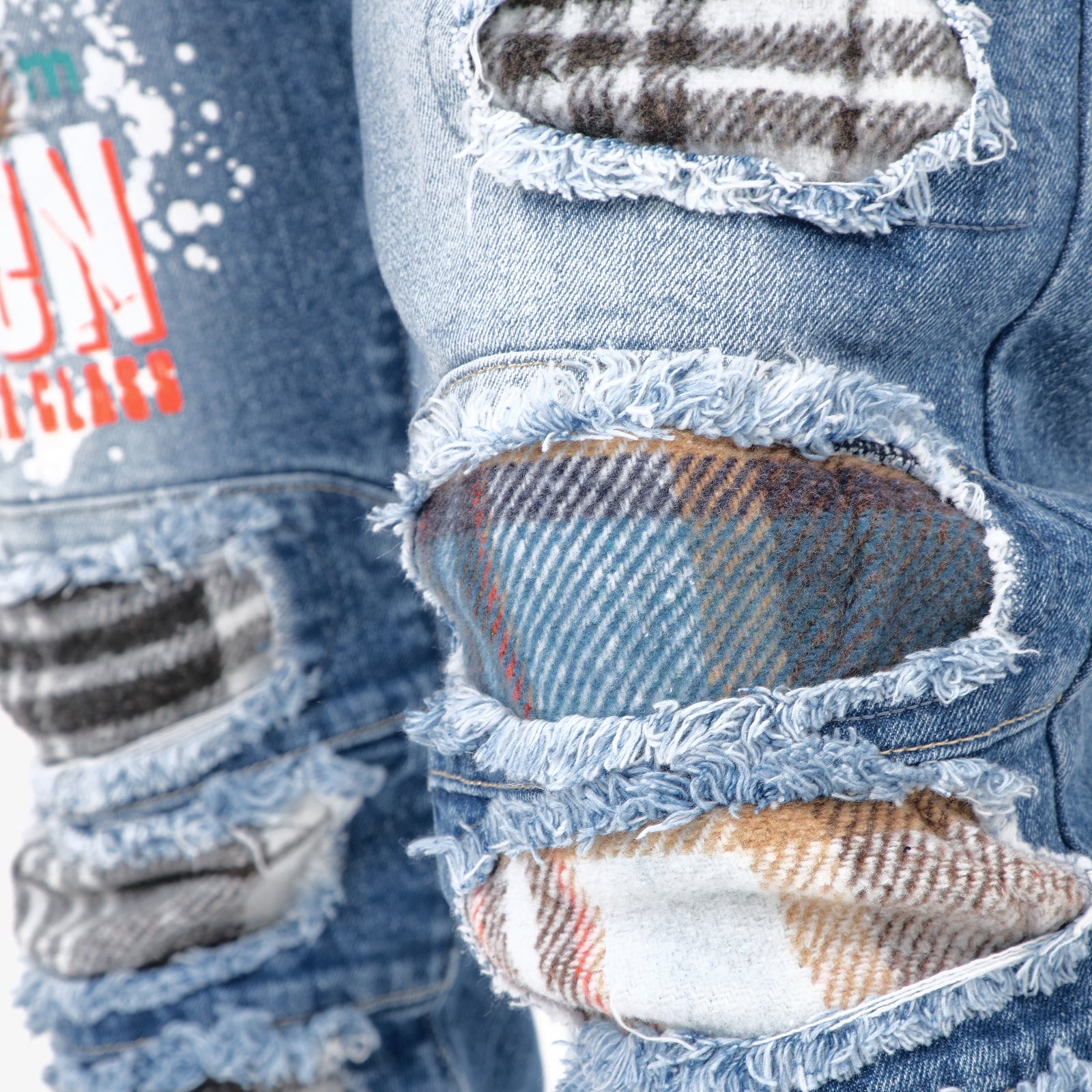 DARK BLUE JEANS W/ PLAID RIP & REPAIR