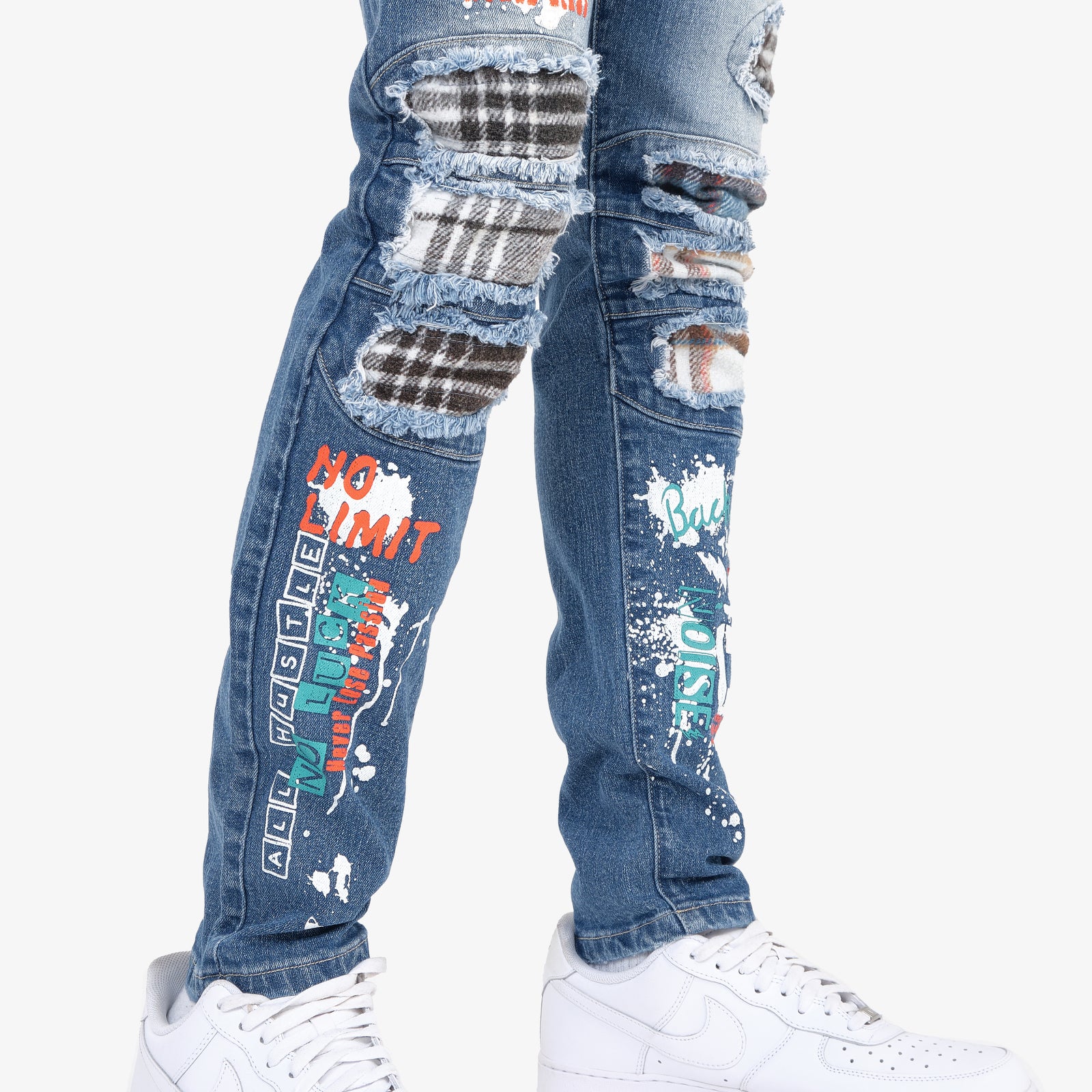 DARK BLUE JEANS W/ PLAID RIP & REPAIR