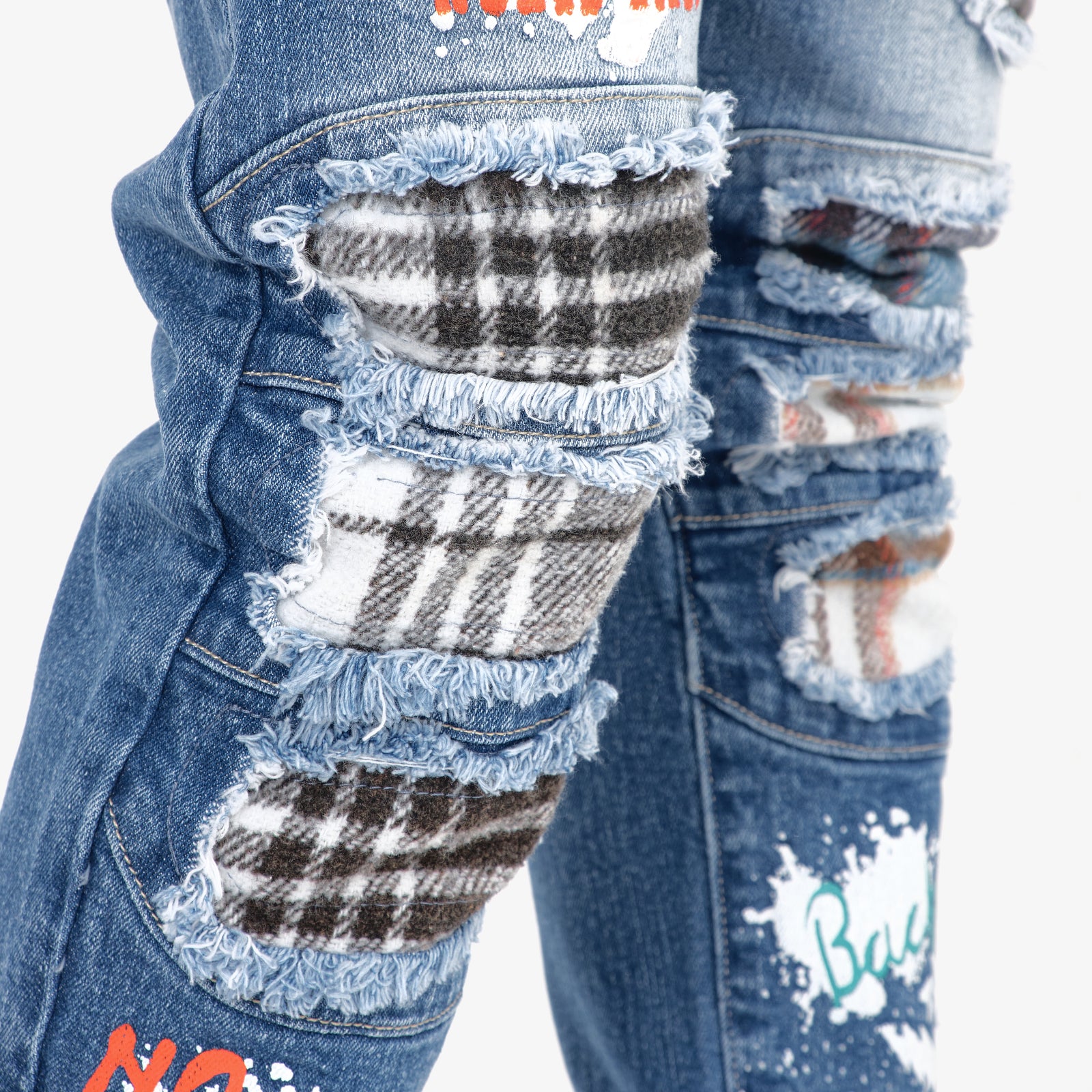 DARK BLUE JEANS W/ PLAID RIP & REPAIR