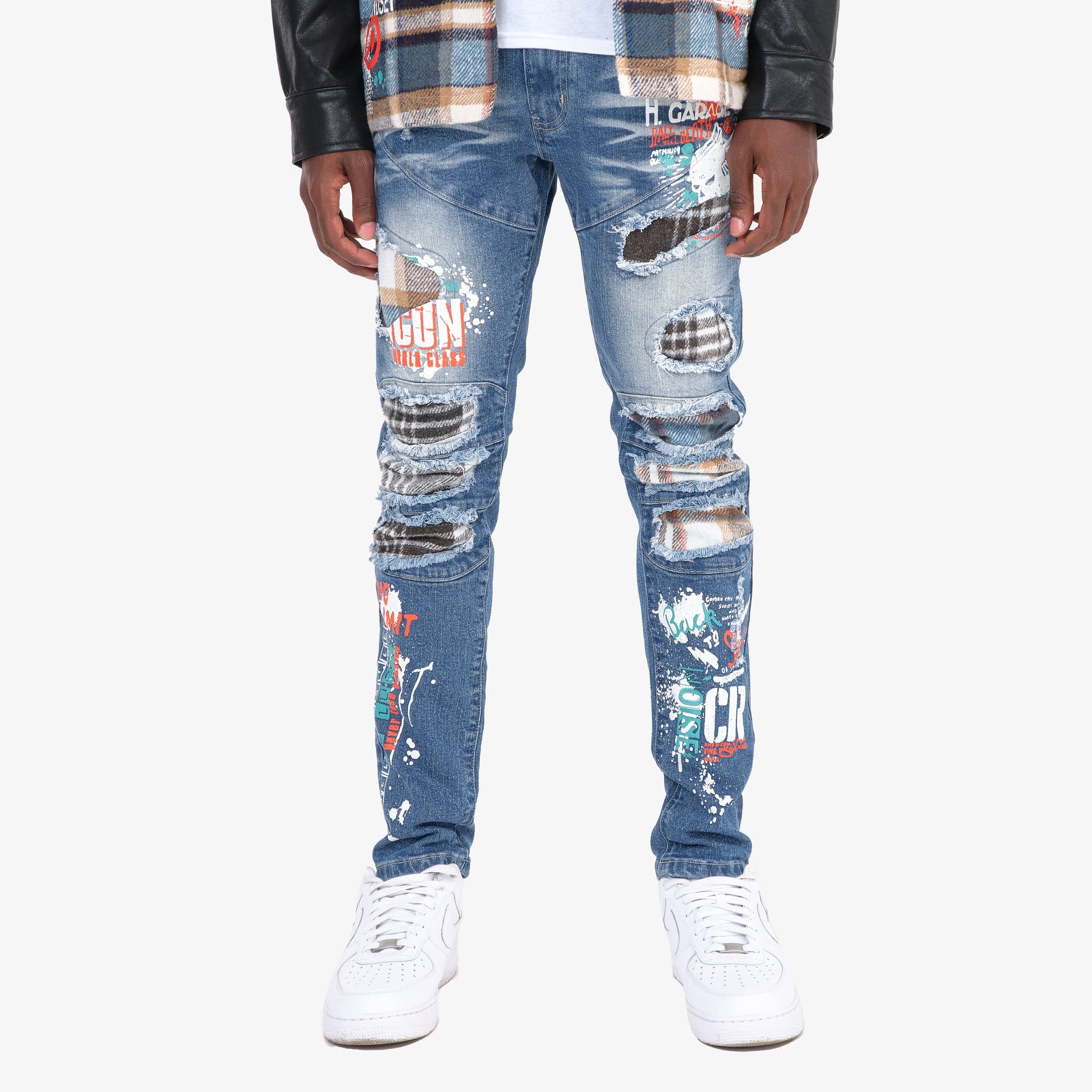 DARK BLUE JEANS W/ PLAID RIP & REPAIR