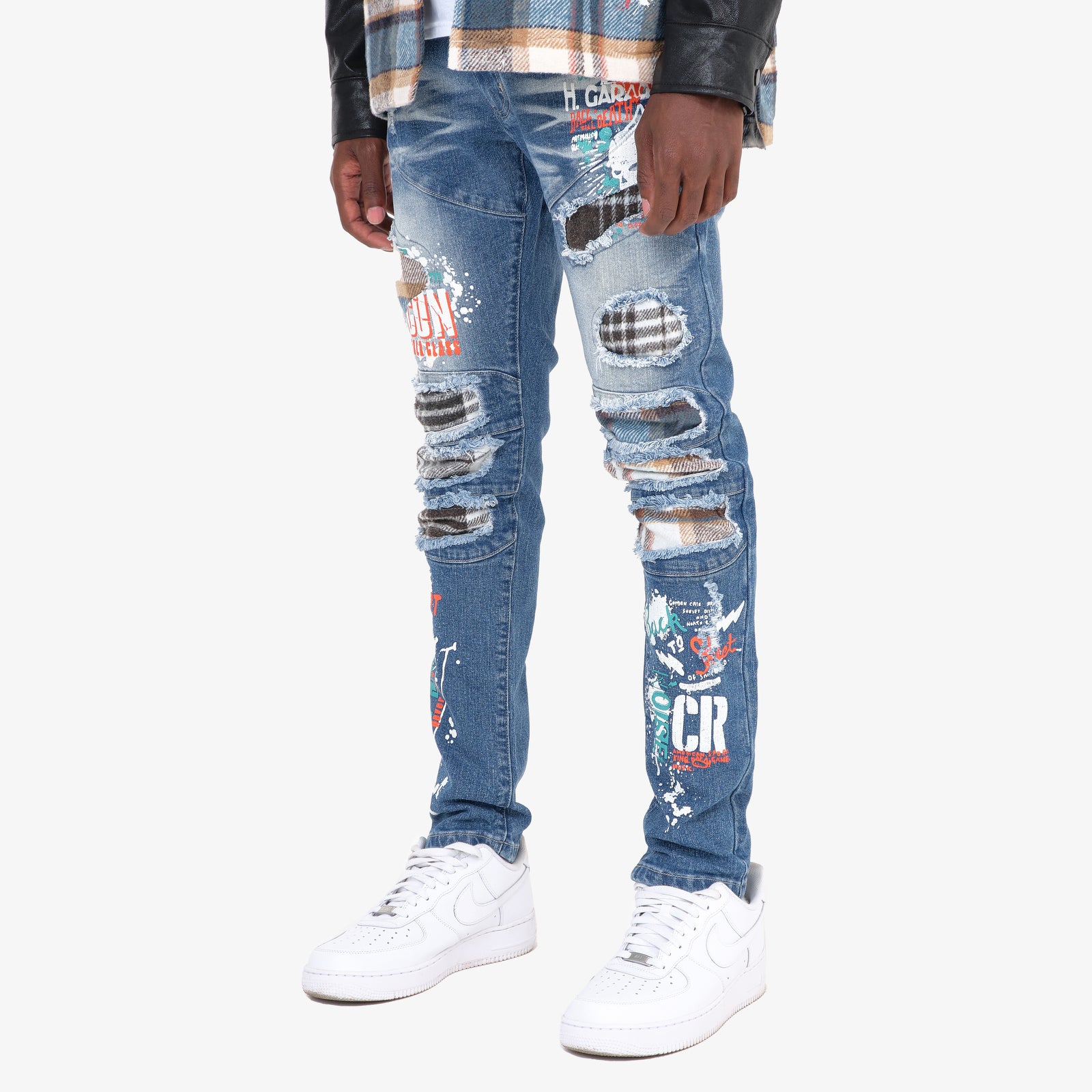 DARK BLUE JEANS W/ PLAID RIP & REPAIR