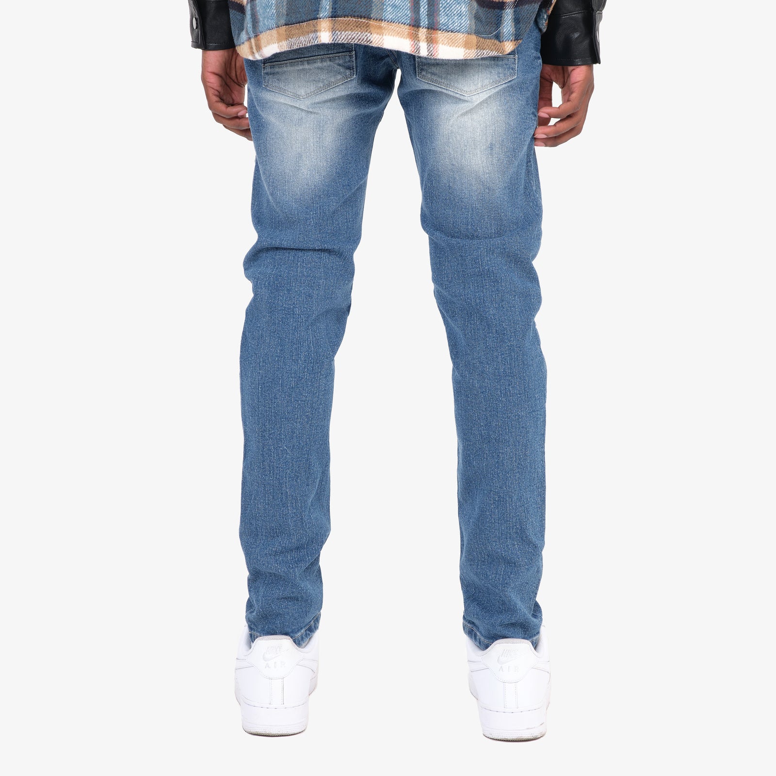 DARK BLUE JEANS W/ PLAID RIP & REPAIR