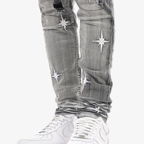 BLACK SAND WASHED JEANS W/ STAR EMBROIDERY