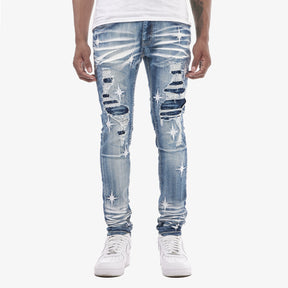 LIGHT SAND BLUE WASHED JEANS W/ STAR EMBROIDERY