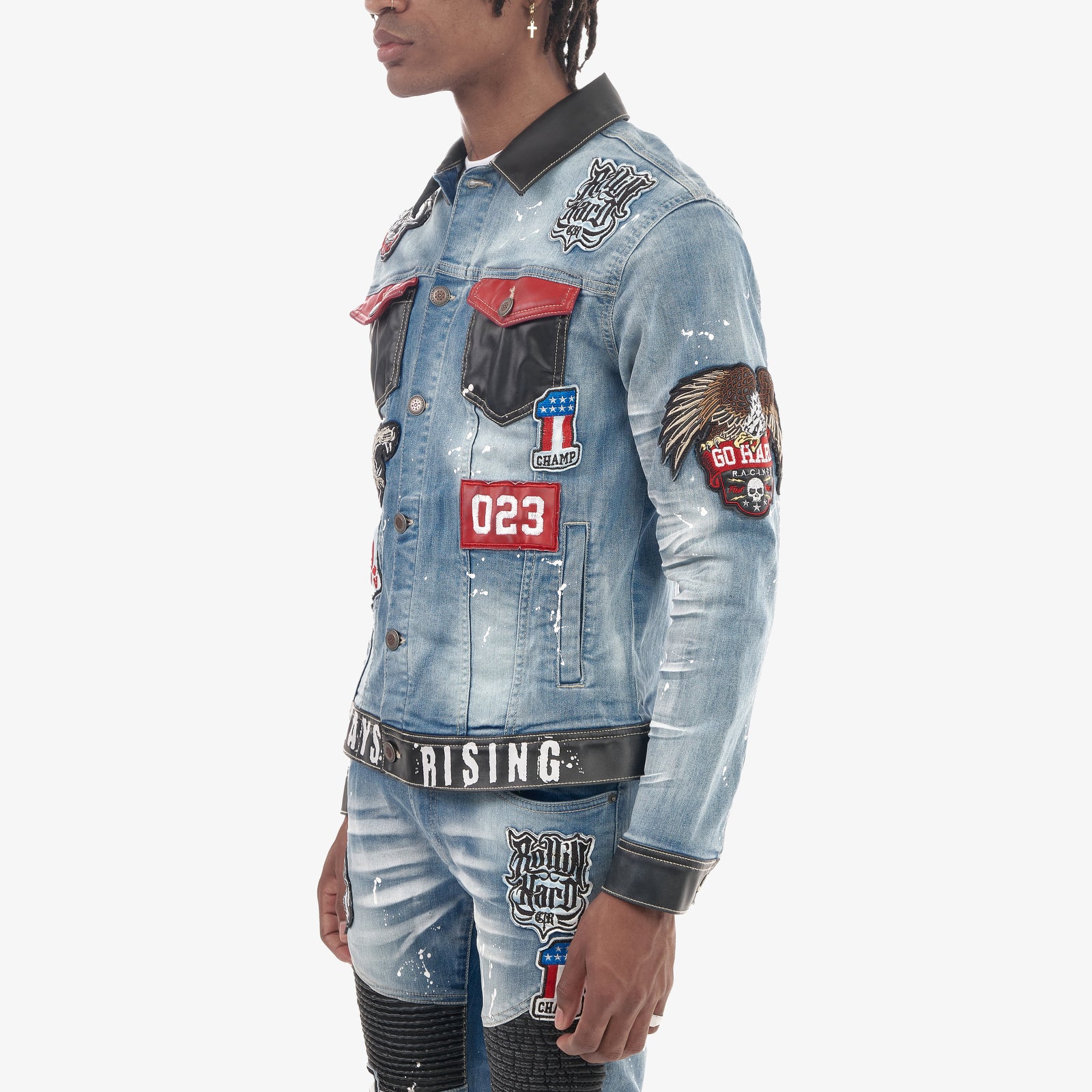 LIGHT BLUE DENIM JACKET W/ LEATHER & PATCHES