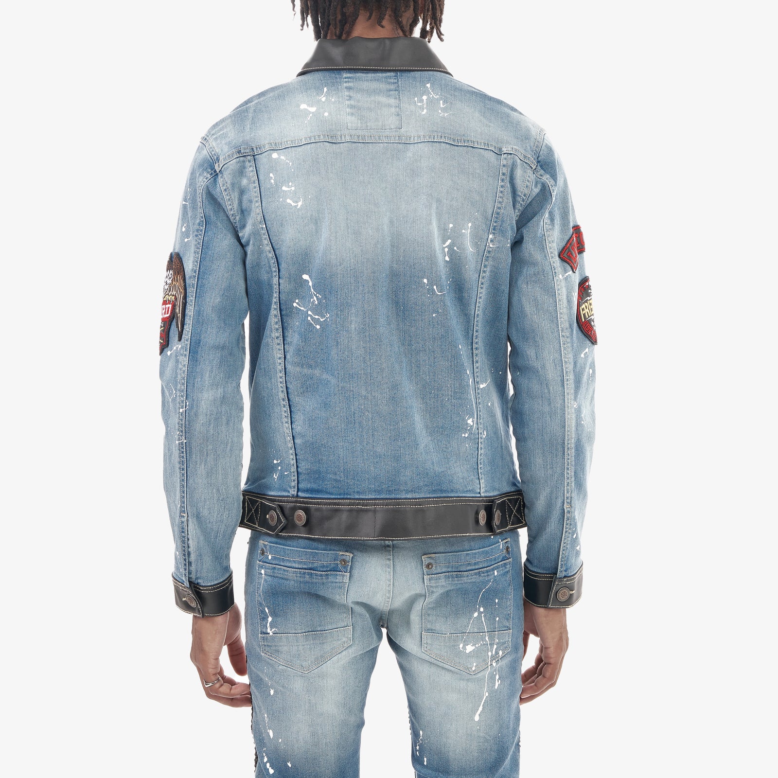 LIGHT BLUE DENIM JACKET W/ LEATHER & PATCHES
