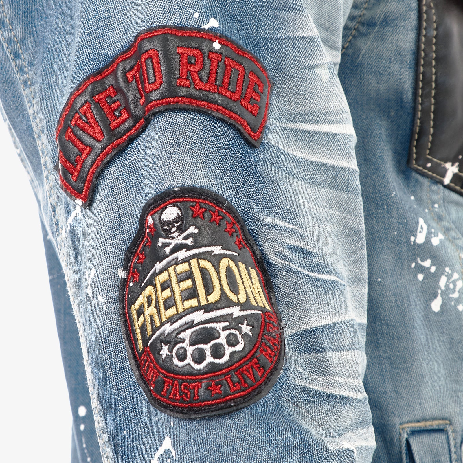 LIGHT BLUE DENIM JACKET W/ LEATHER & PATCHES
