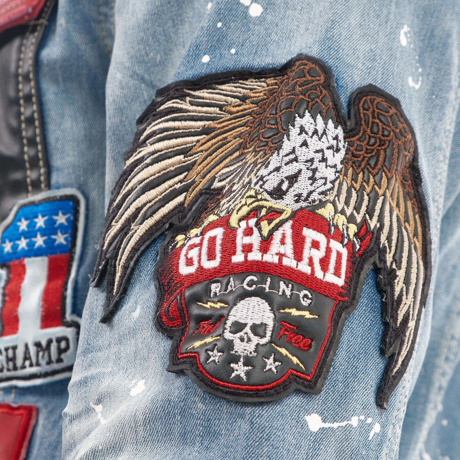LIGHT BLUE DENIM JACKET W/ LEATHER & PATCHES