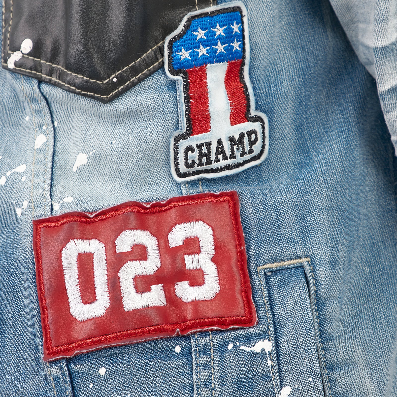 LIGHT BLUE DENIM JACKET W/ LEATHER & PATCHES