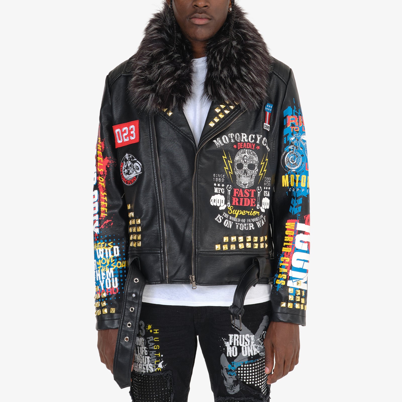 BLACK MOTO LEATHER JACKET W/ DETACHABLE FUR