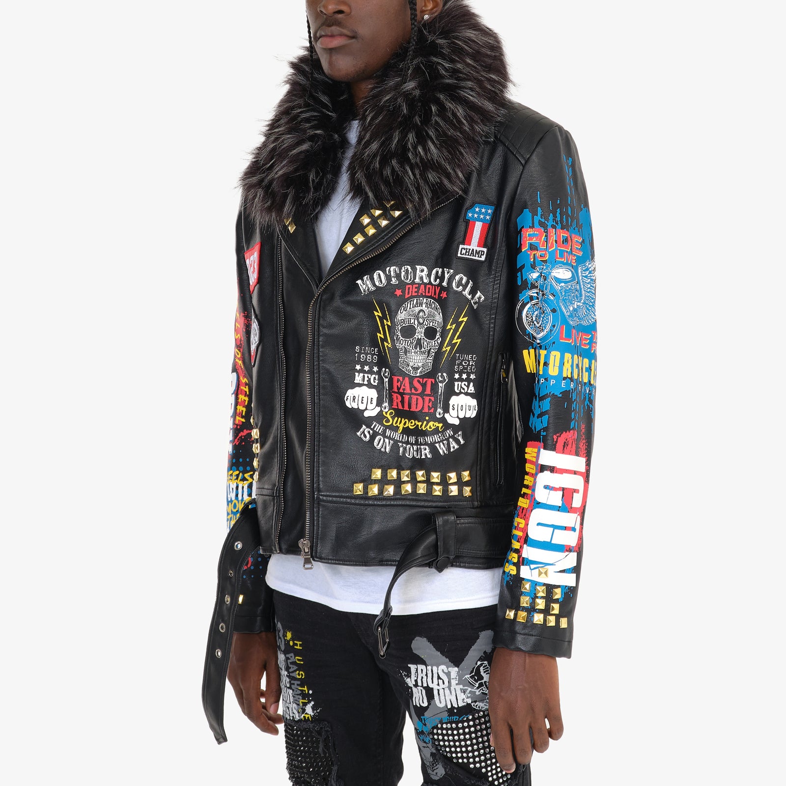 BLACK MOTO LEATHER JACKET W/ DETACHABLE FUR