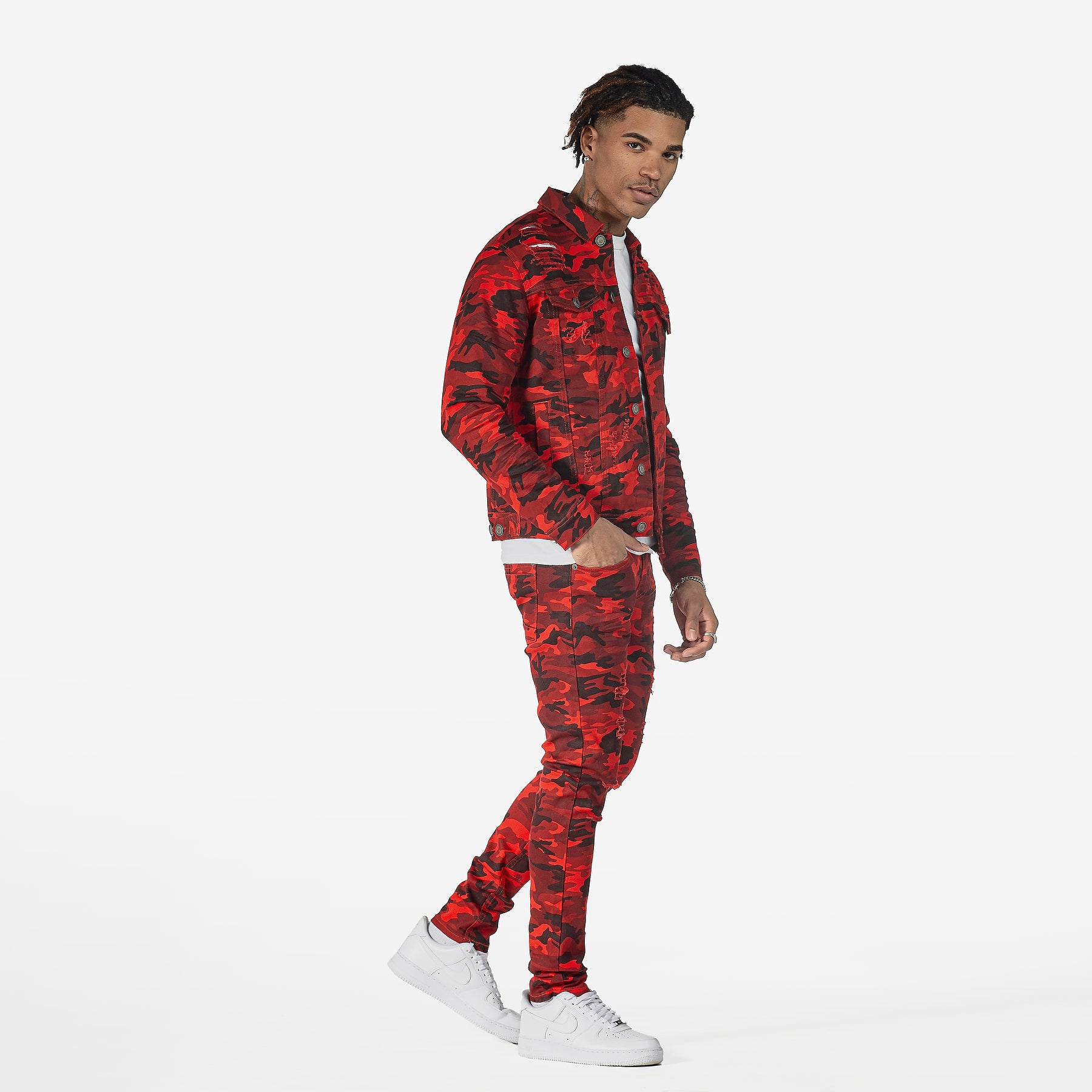 RED CAMO PANTS WITH RIPS - Copper Rivet