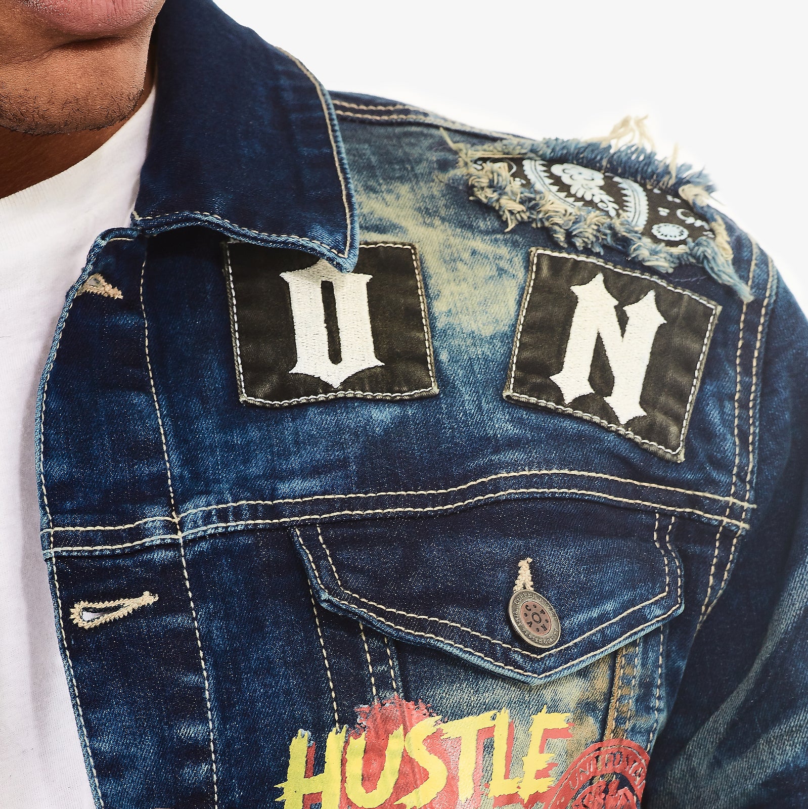 KHAKI TINT BLUE PLAID RIP & REPAIR JACKET