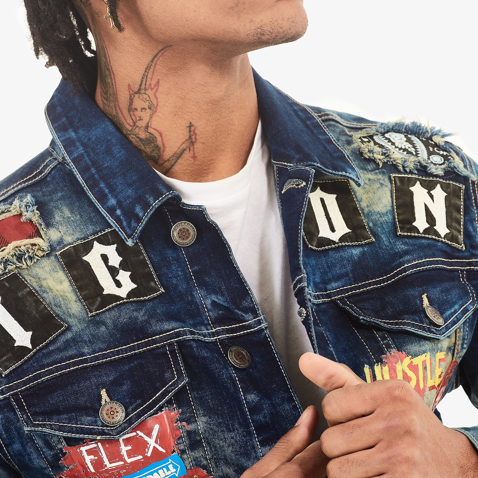 KHAKI TINT BLUE PLAID RIP & REPAIR JACKET