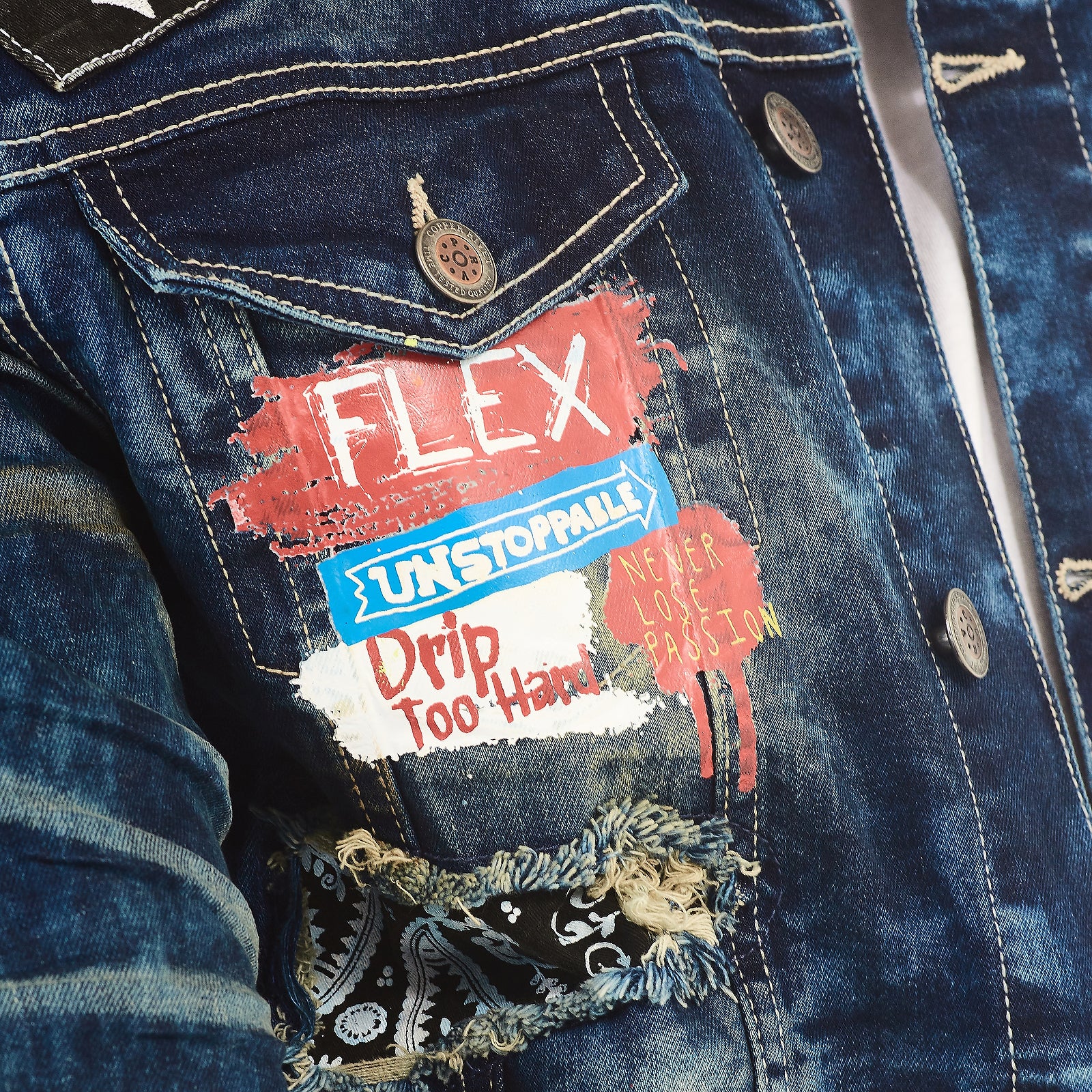 KHAKI TINT BLUE PLAID RIP & REPAIR JACKET