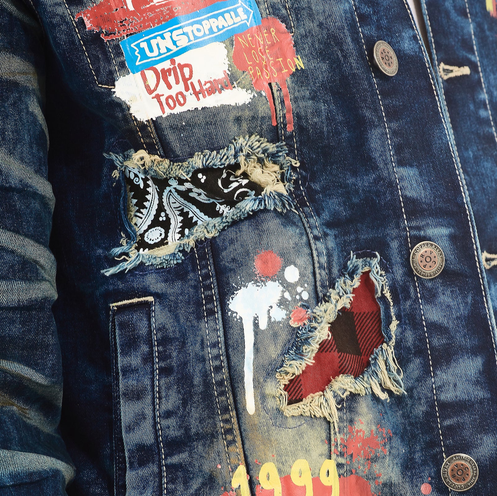 KHAKI TINT BLUE PLAID RIP & REPAIR JACKET
