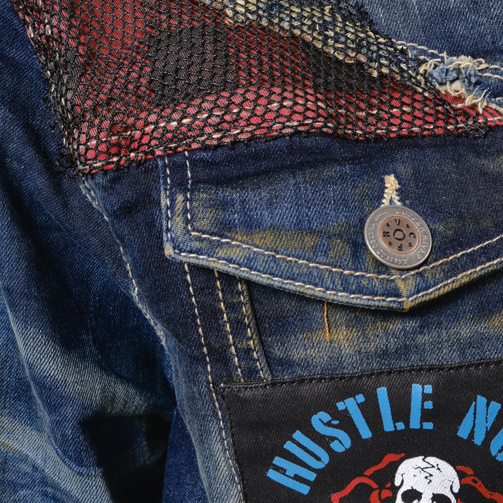 KHAKI TINT DENIM JACKET W/ PLAID & MESH PATCHES