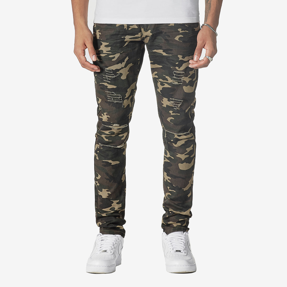 OLIVE CAMO PANTS WITH RIPS - Copper Rivet