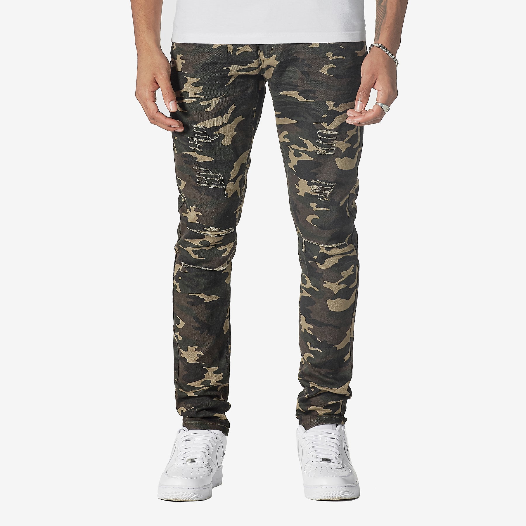 OLIVE CAMO PANTS WITH RIPS - Copper Rivet