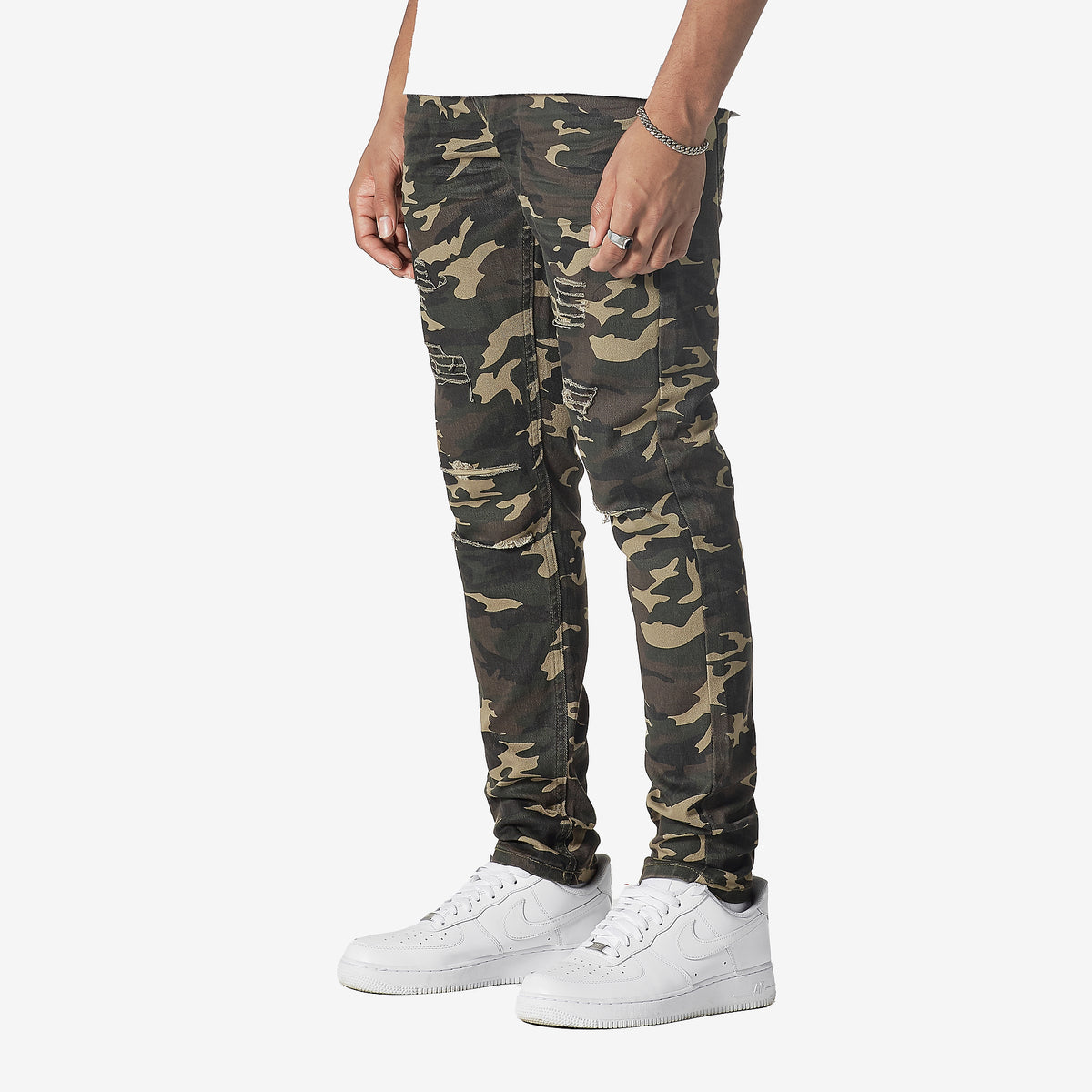 OLIVE CAMO PANTS WITH RIPS - Copper Rivet