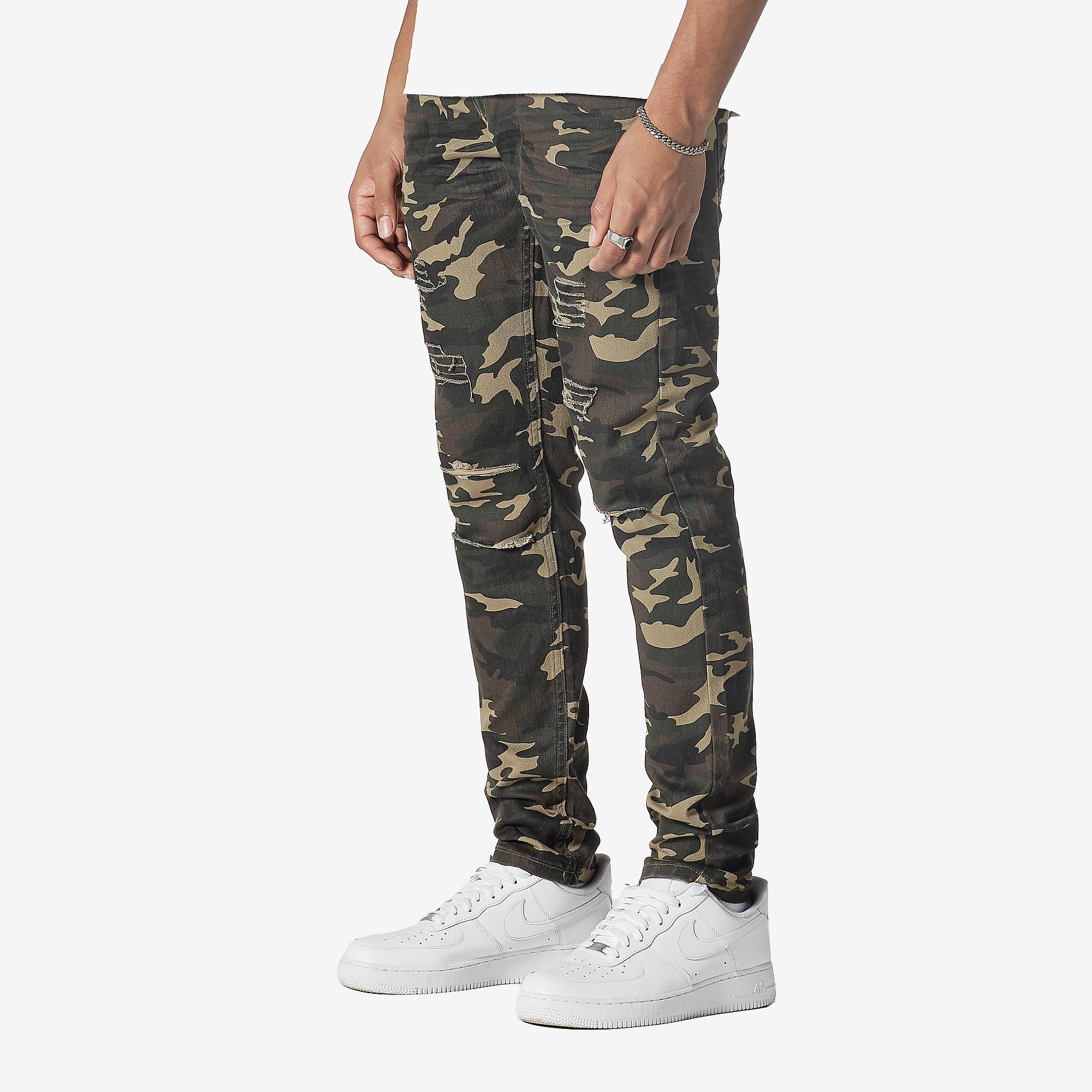 OLIVE CAMO PANTS WITH RIPS - Copper Rivet