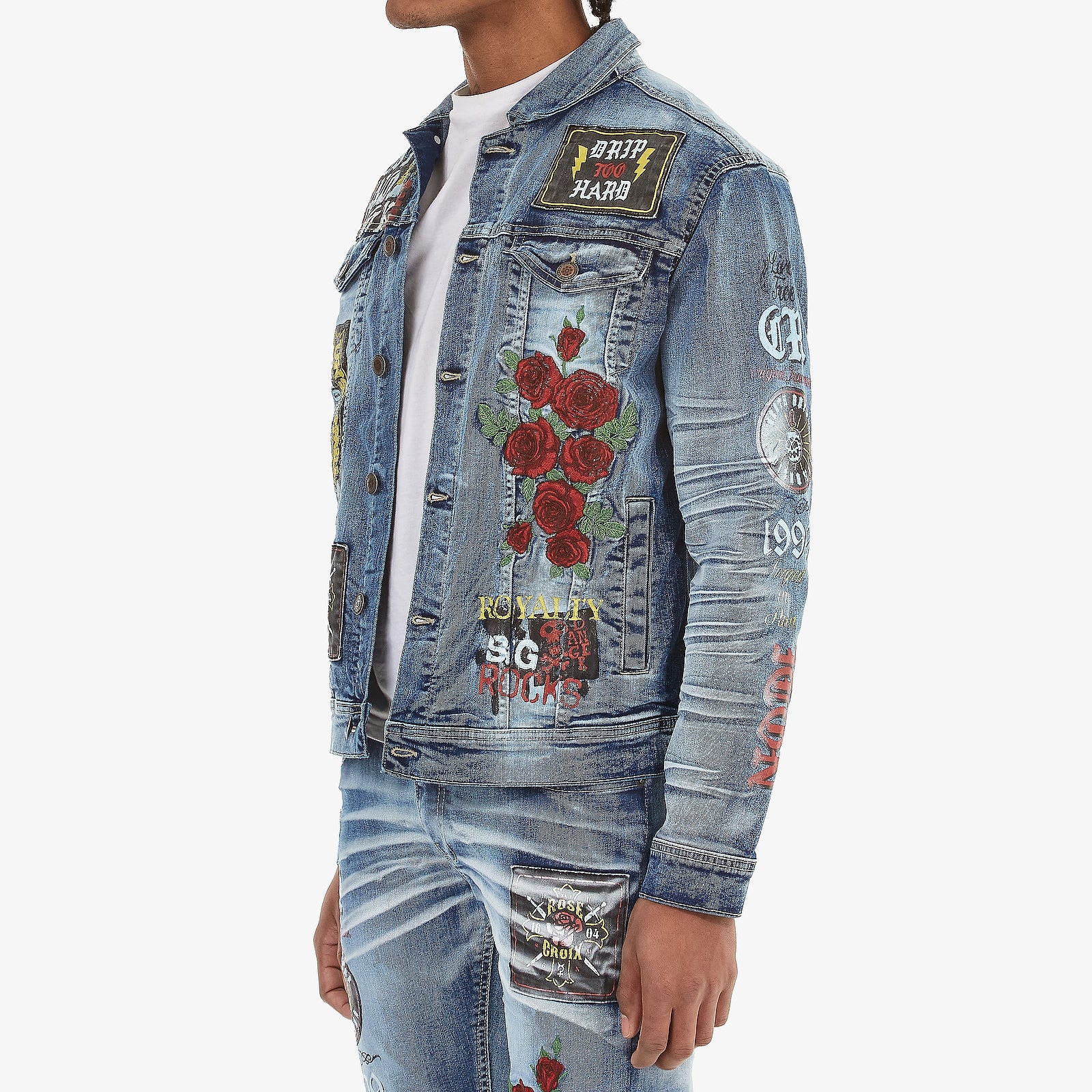 LIGHT SAND BLUE JACKET W/ PRINTS & ROSE EMBROIDERY