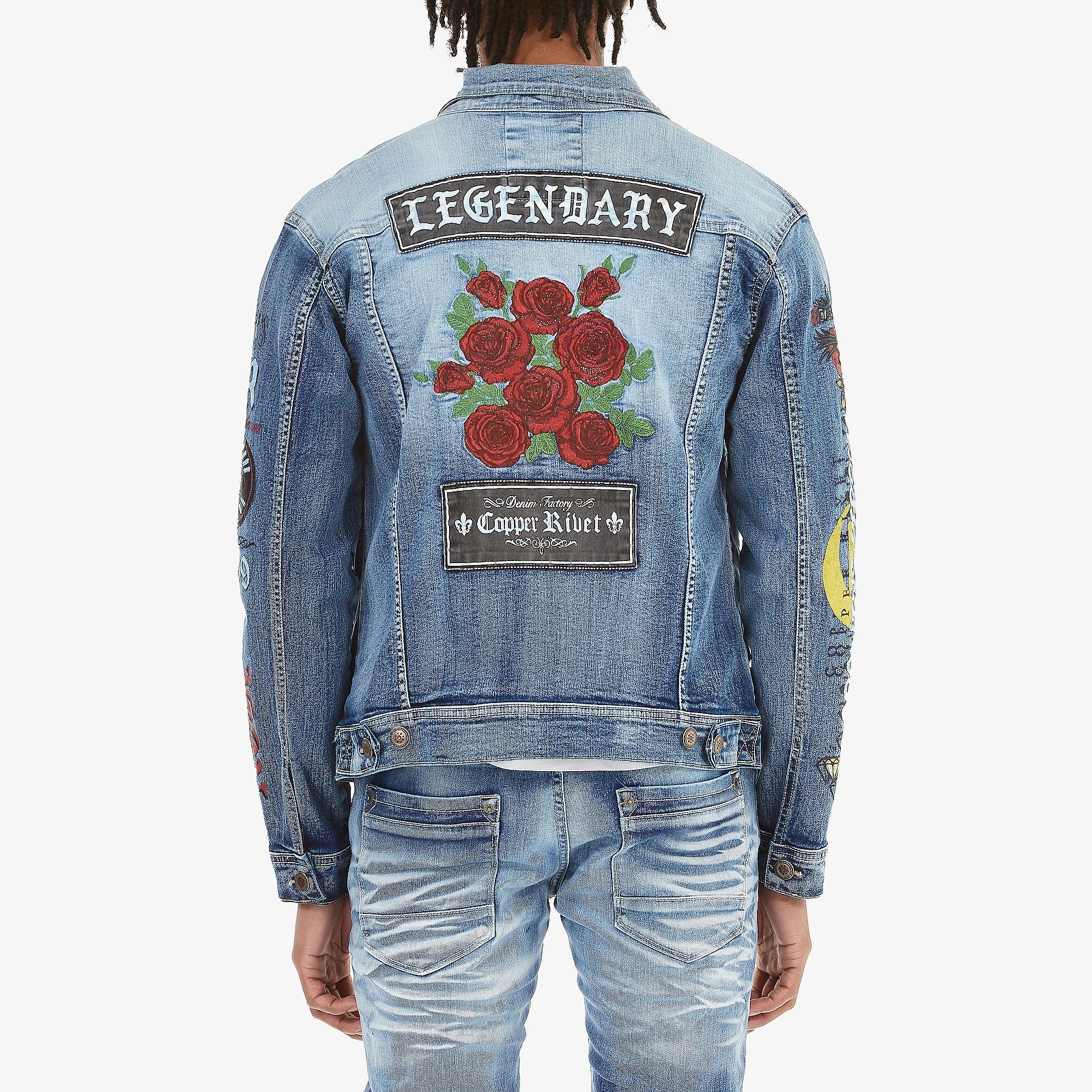 LIGHT SAND BLUE JACKET W/ PRINTS & ROSE EMBROIDERY