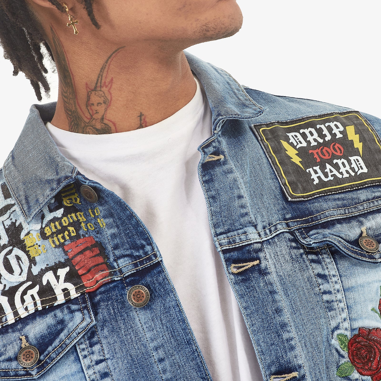 LIGHT SAND BLUE JACKET W/ PRINTS & ROSE EMBROIDERY