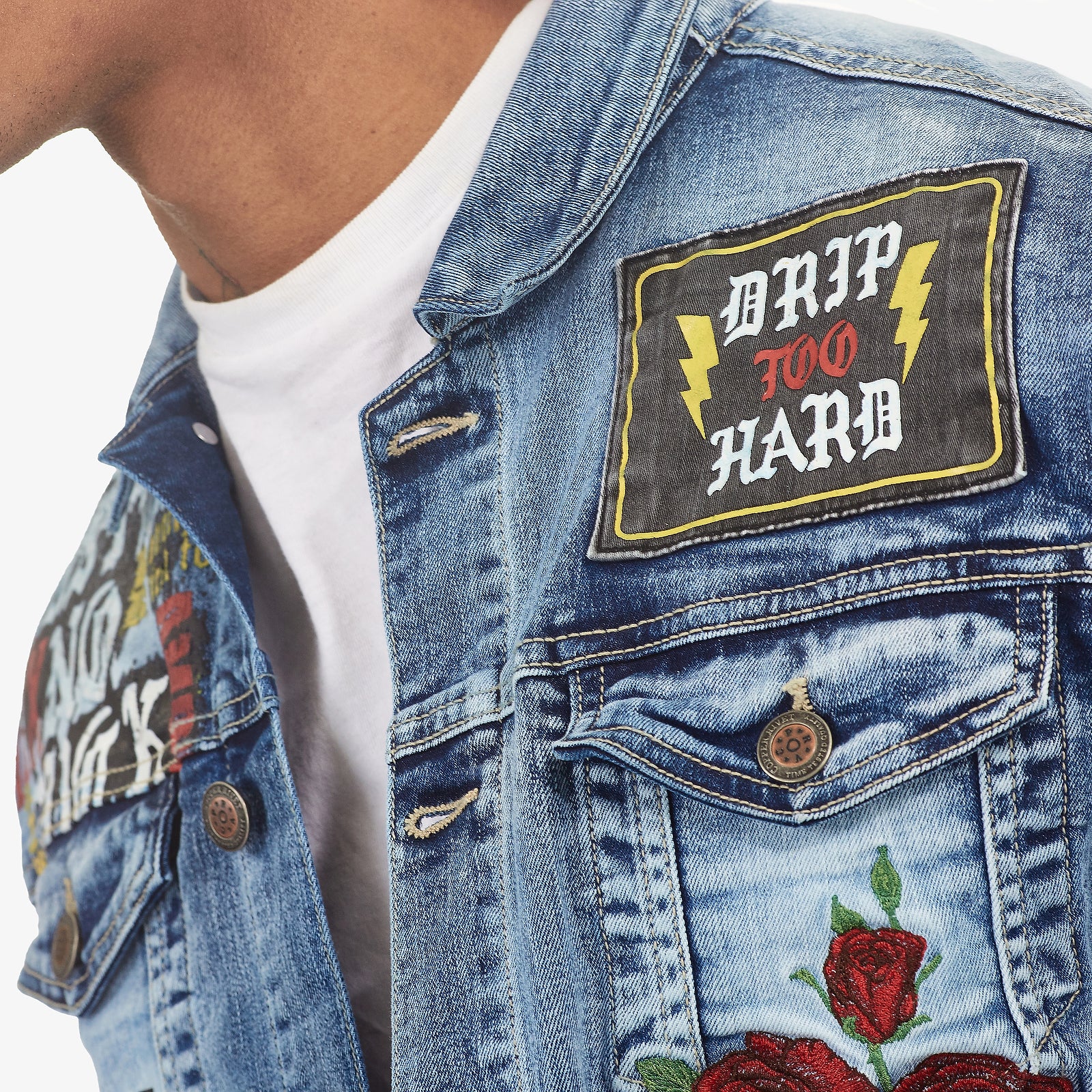 LIGHT SAND BLUE JACKET W/ PRINTS & ROSE EMBROIDERY