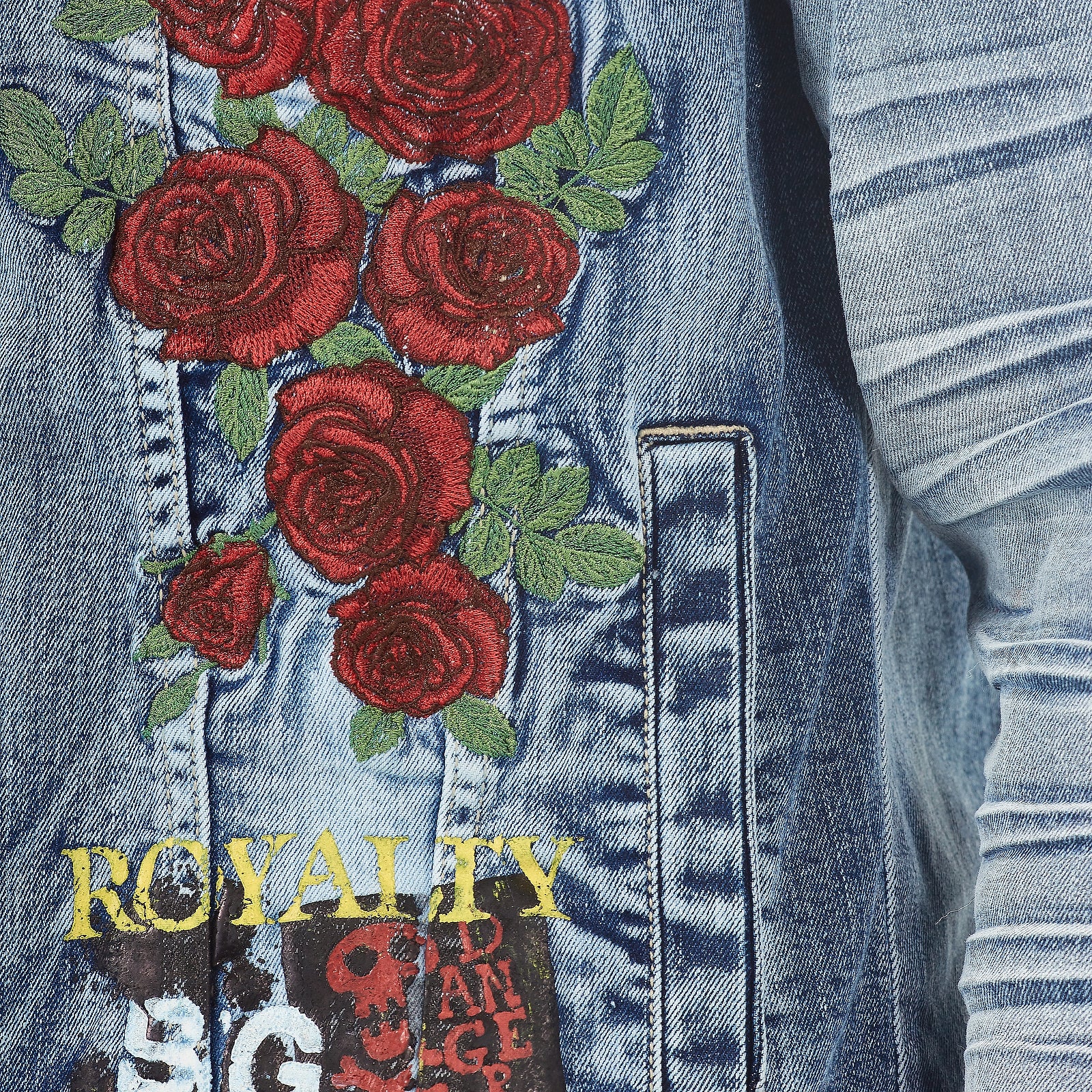 LIGHT SAND BLUE JACKET W/ PRINTS & ROSE EMBROIDERY