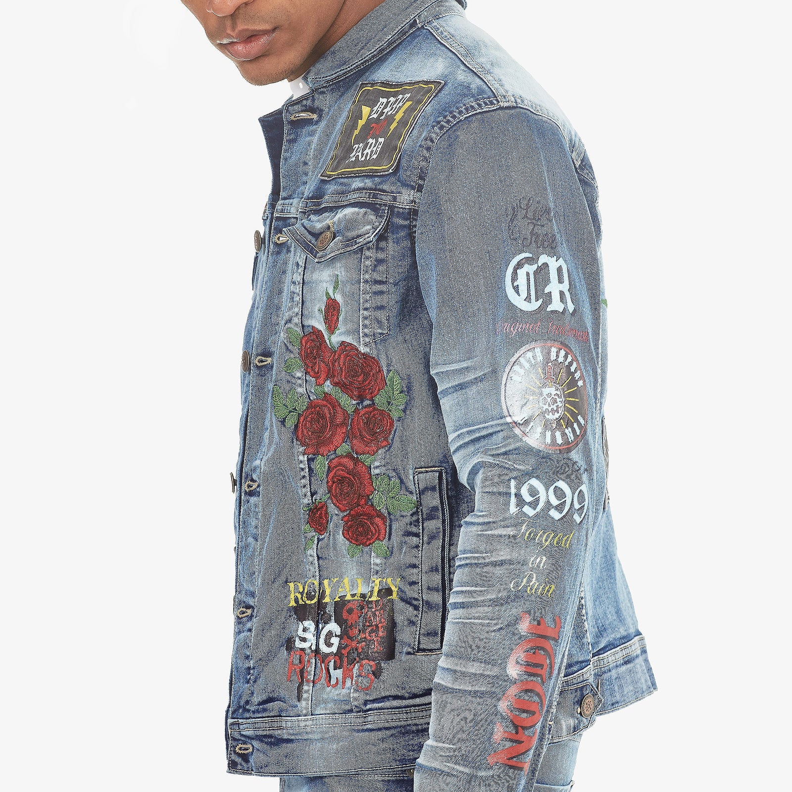 LIGHT SAND BLUE JACKET W/ PRINTS & ROSE EMBROIDERY