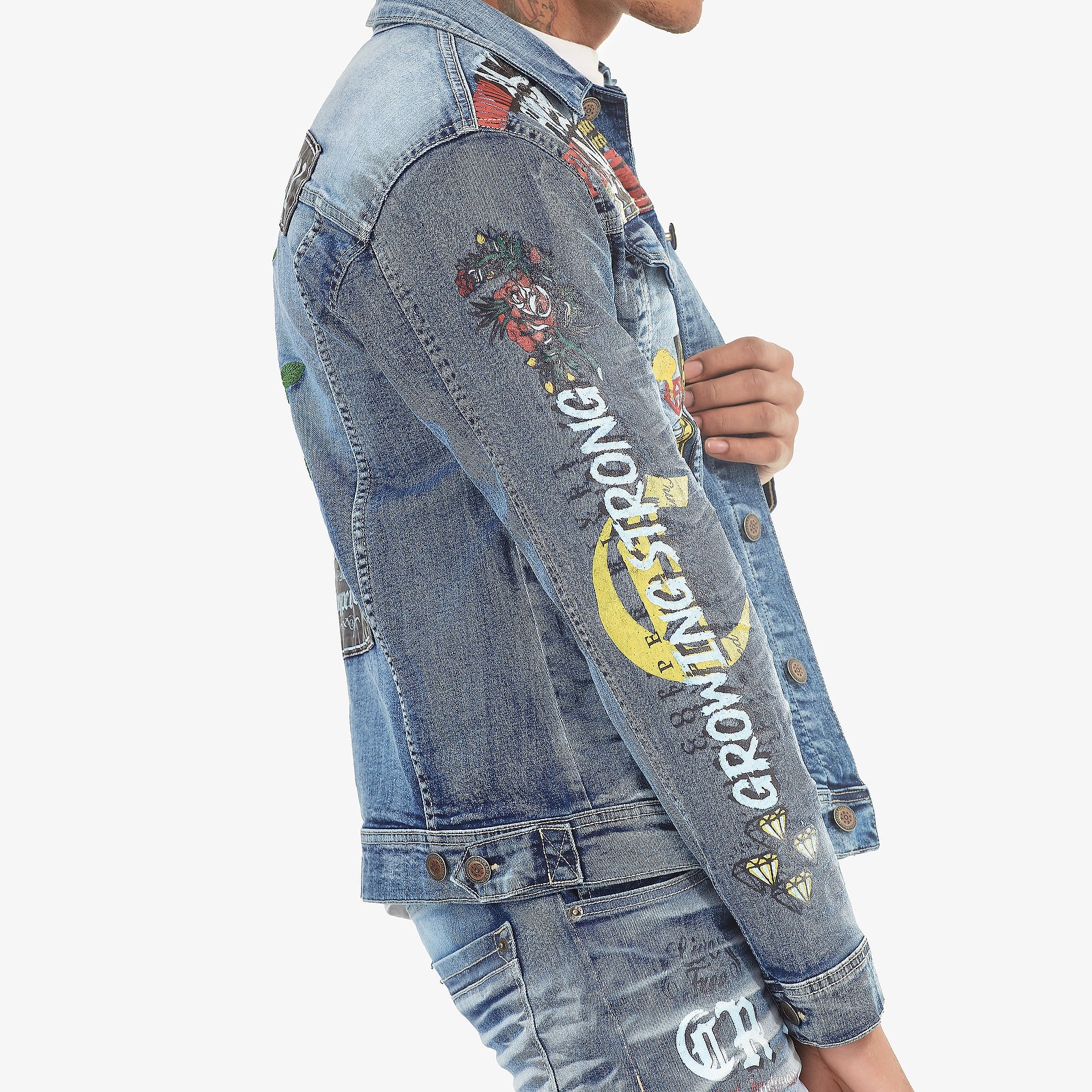 LIGHT SAND BLUE JACKET W/ PRINTS & ROSE EMBROIDERY
