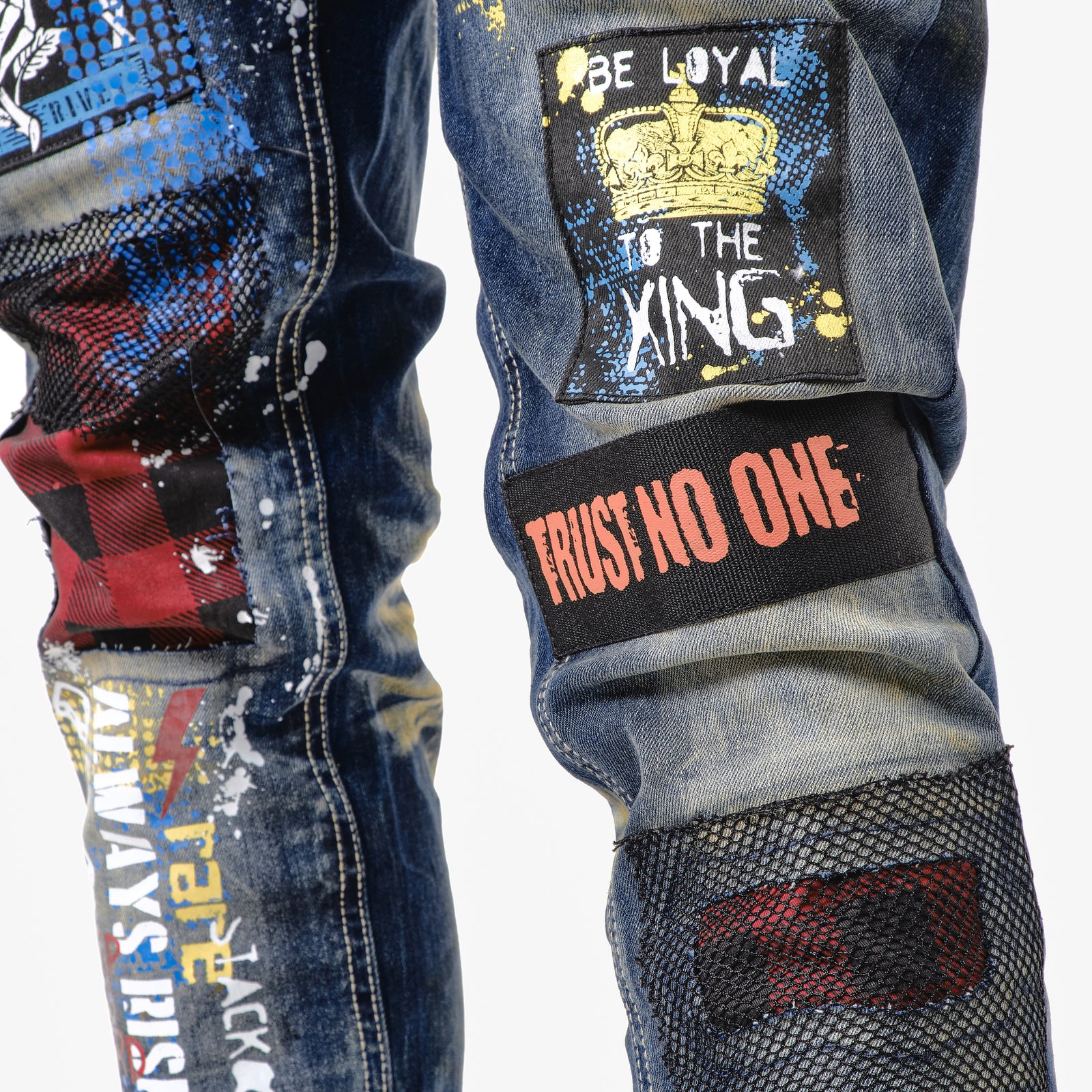 KHAKI TINT JEANS W/ PLAID PATCH & MESH DETAIL