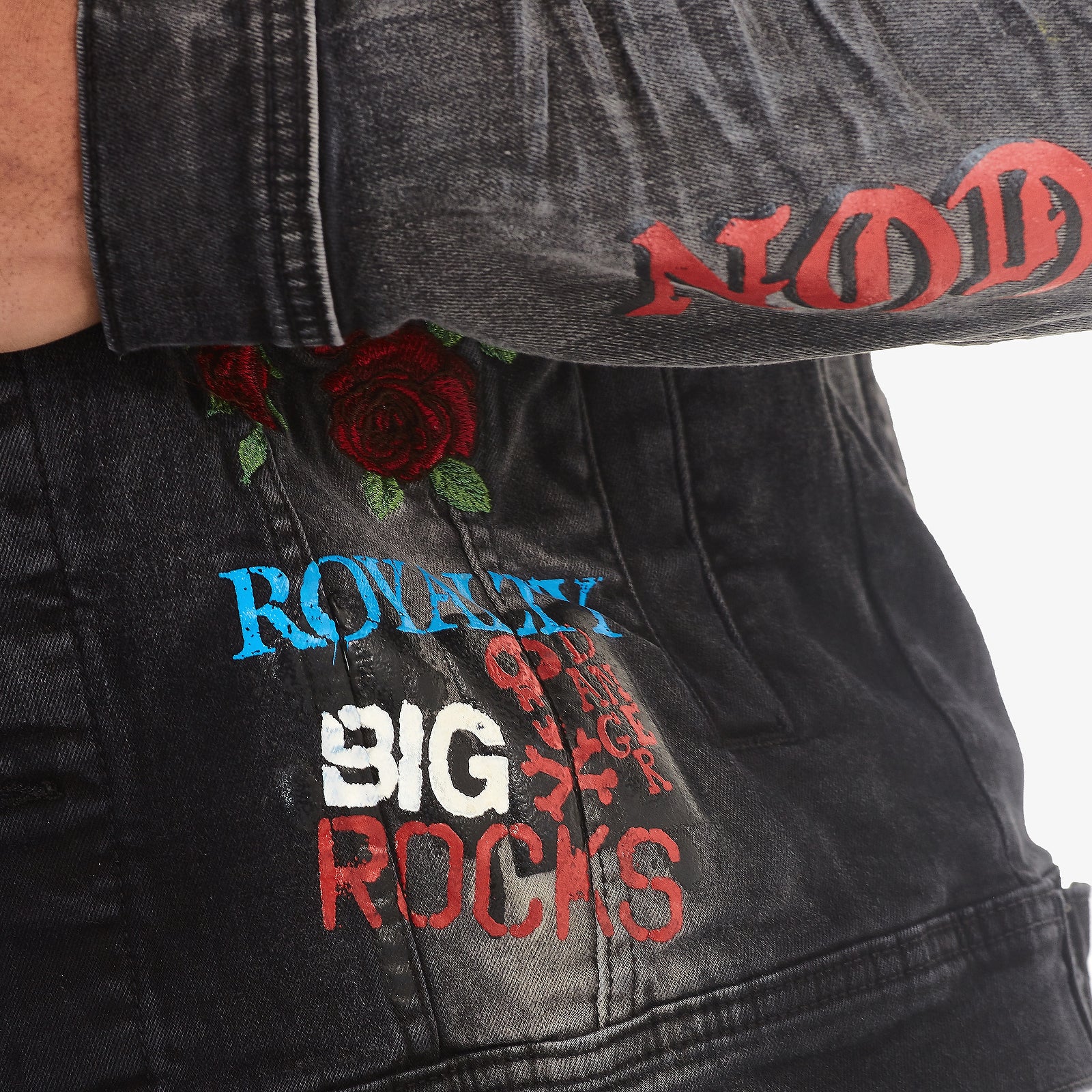 BLACK JACKET W/ PRINTS & ROSE EMBROIDERY