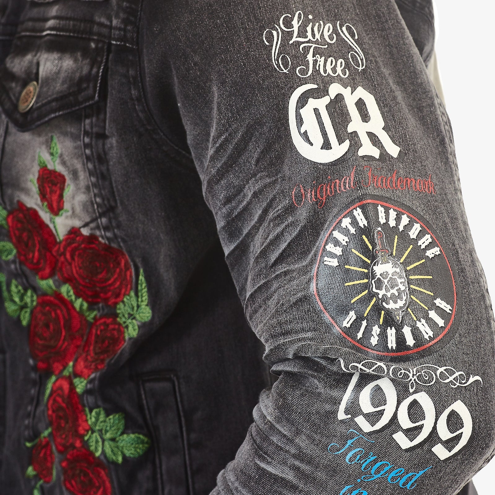 BLACK JACKET W/ PRINTS & ROSE EMBROIDERY