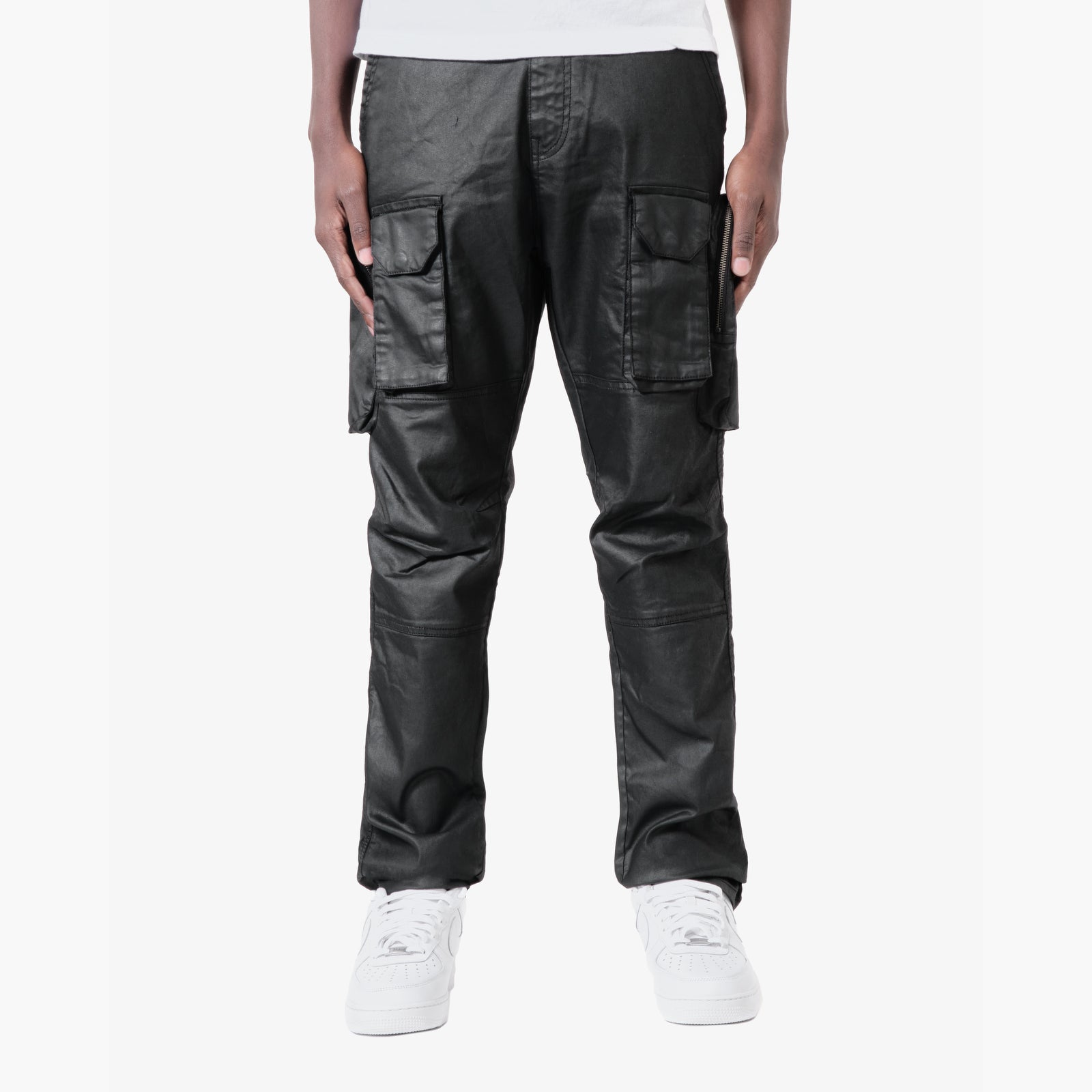 BLACK UTILITY CARGO WAX COATED JEANS