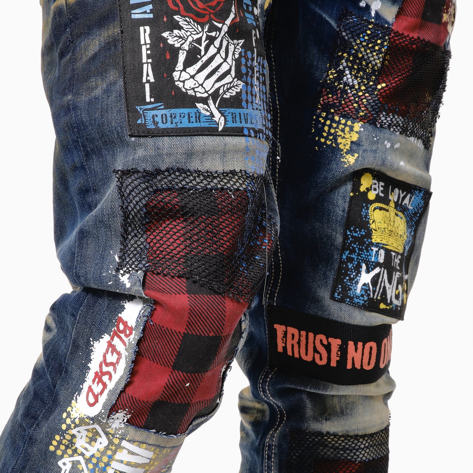 KHAKI TINT JEANS W/ PLAID PATCH & MESH DETAIL