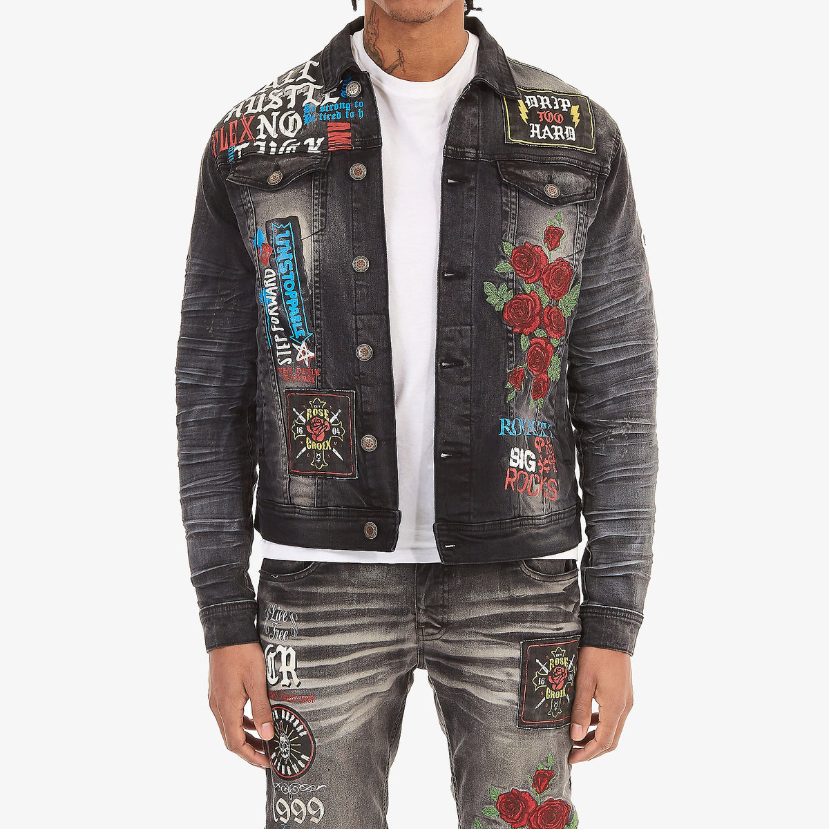 BLACK JACKET W/ PRINTS & ROSE EMBROIDERY