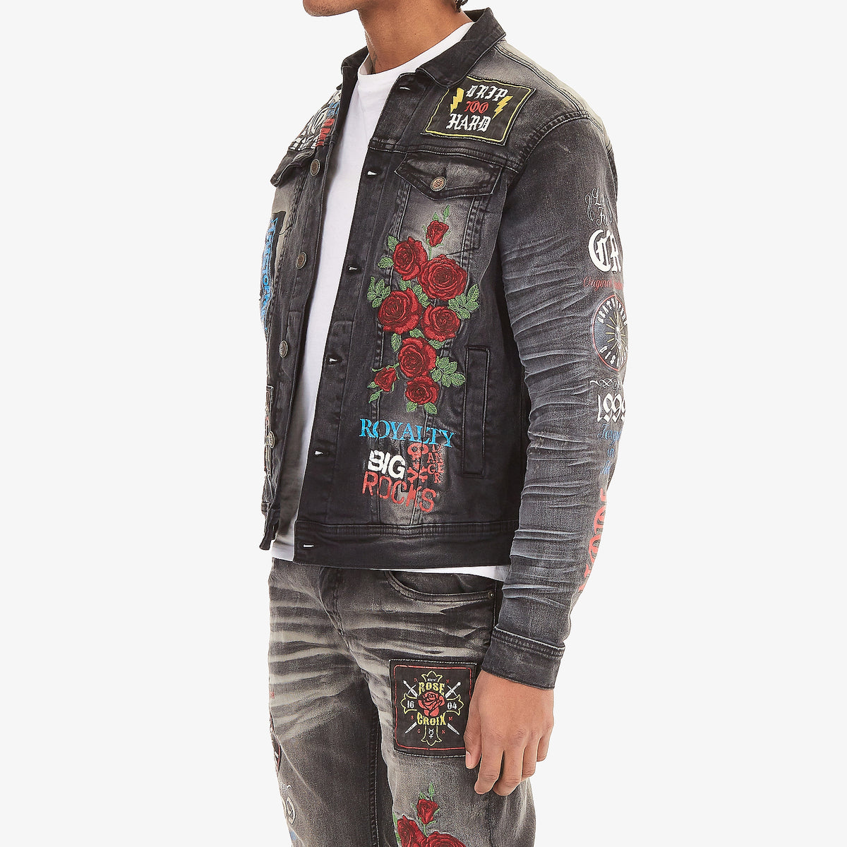 BLACK JACKET W/ PRINTS & ROSE EMBROIDERY