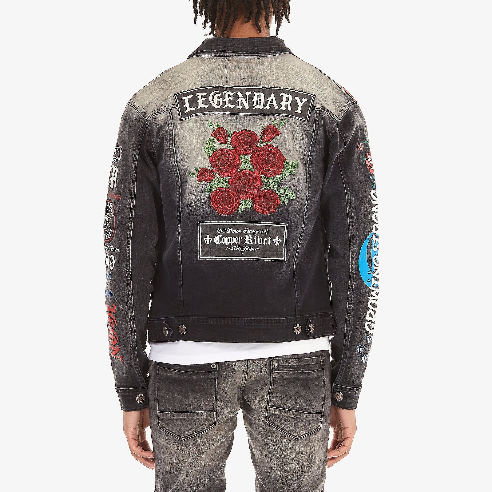 BLACK JACKET W/ PRINTS & ROSE EMBROIDERY