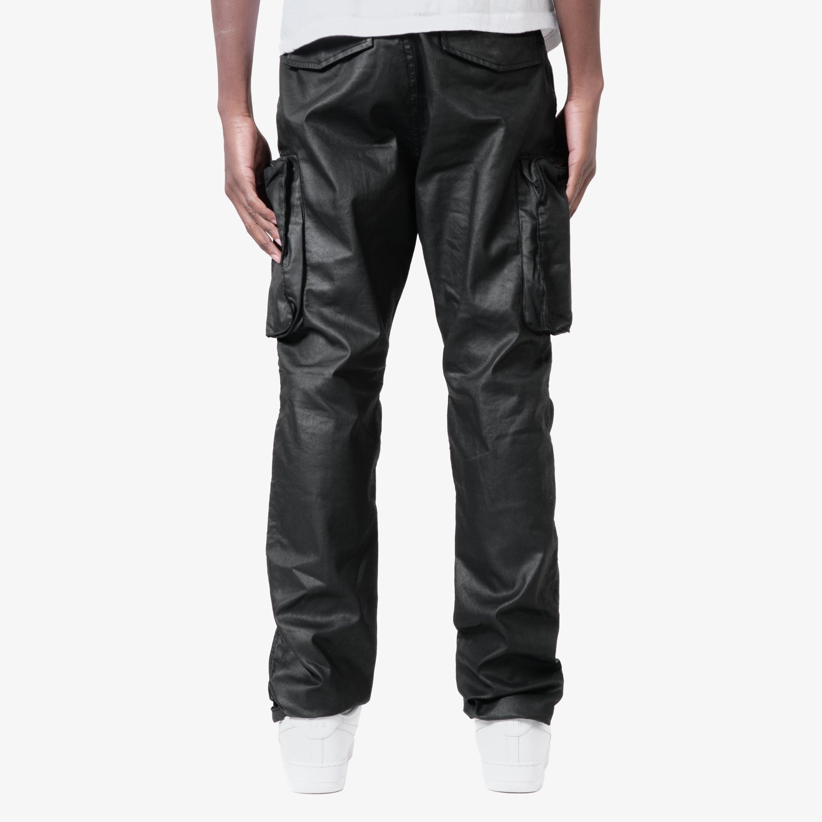 BLACK UTILITY CARGO WAX COATED JEANS