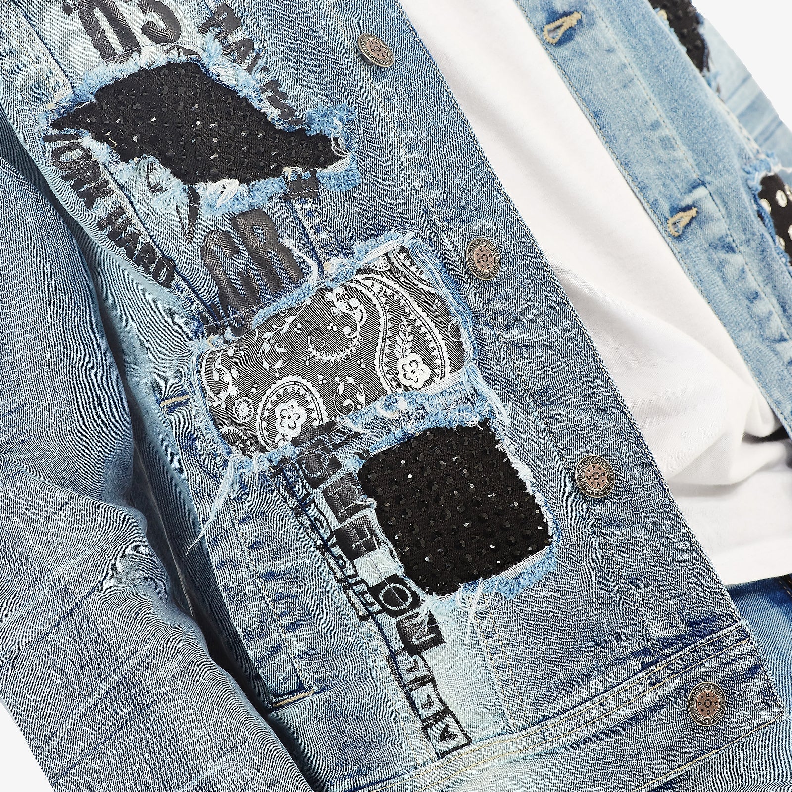 LIGHT SAND BLUE JACKET W/ STONES & STUDS