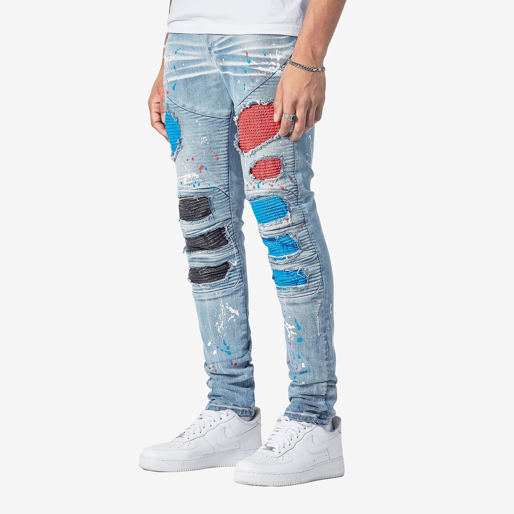 LIGHT SAND BLUE JEANS W/ BIKER RIP & REPAIR - Copper Rivet